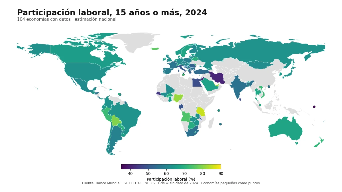 Mapa mundial de la tasa de participación laboral de la población de 15 años o más en 2024