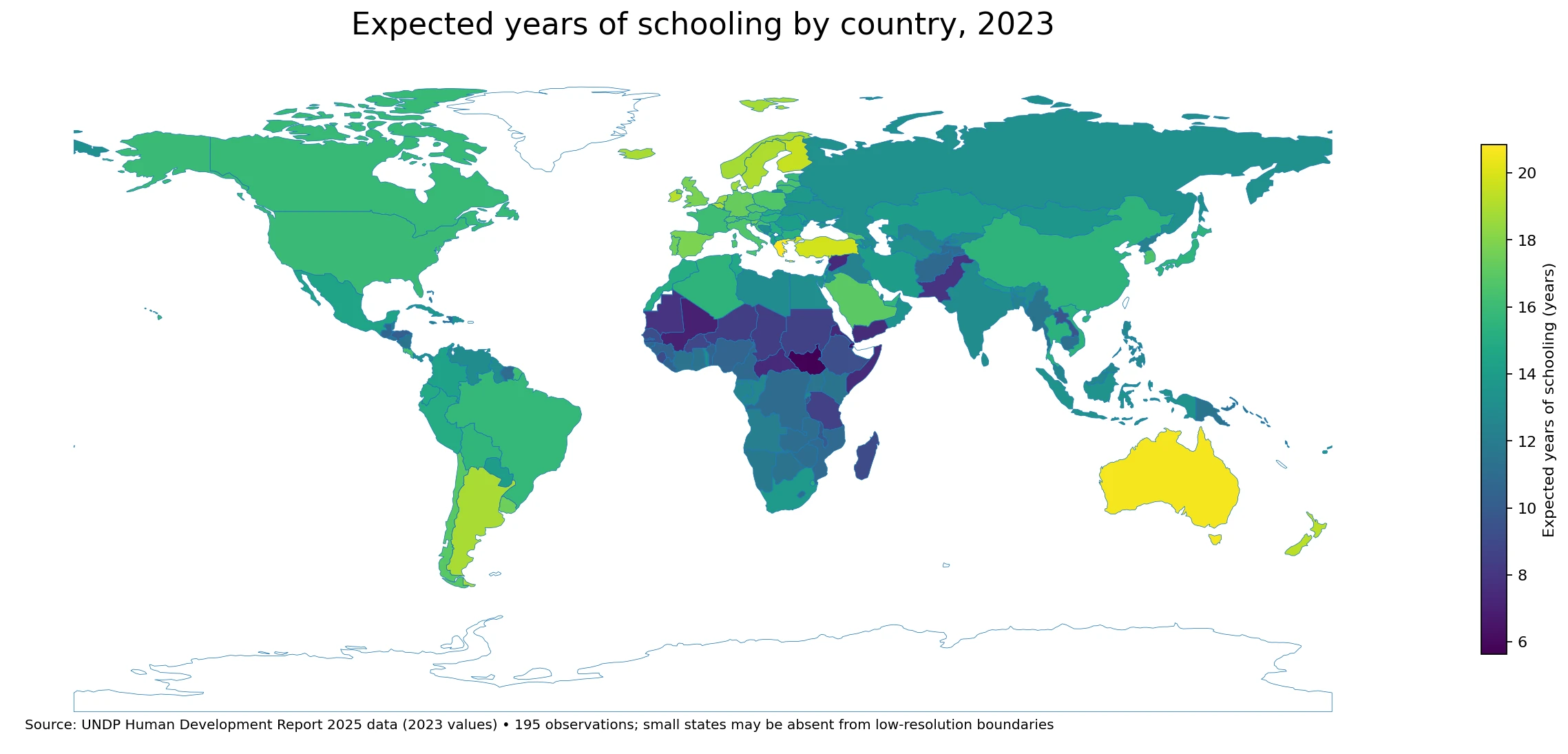 Mapa mundial de años esperados de escolarización en 2023