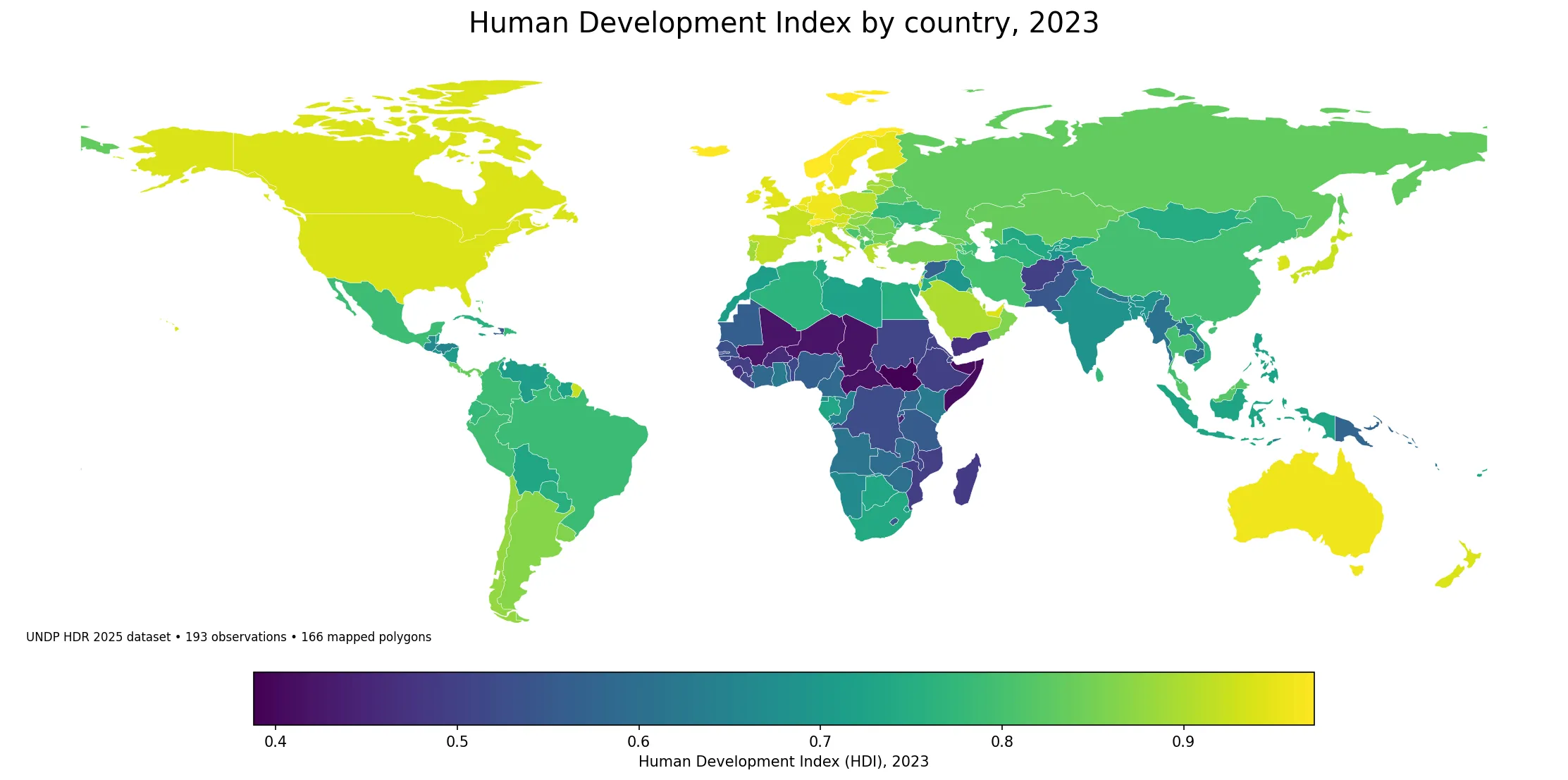 World map of Human Development Index values by country in 2023