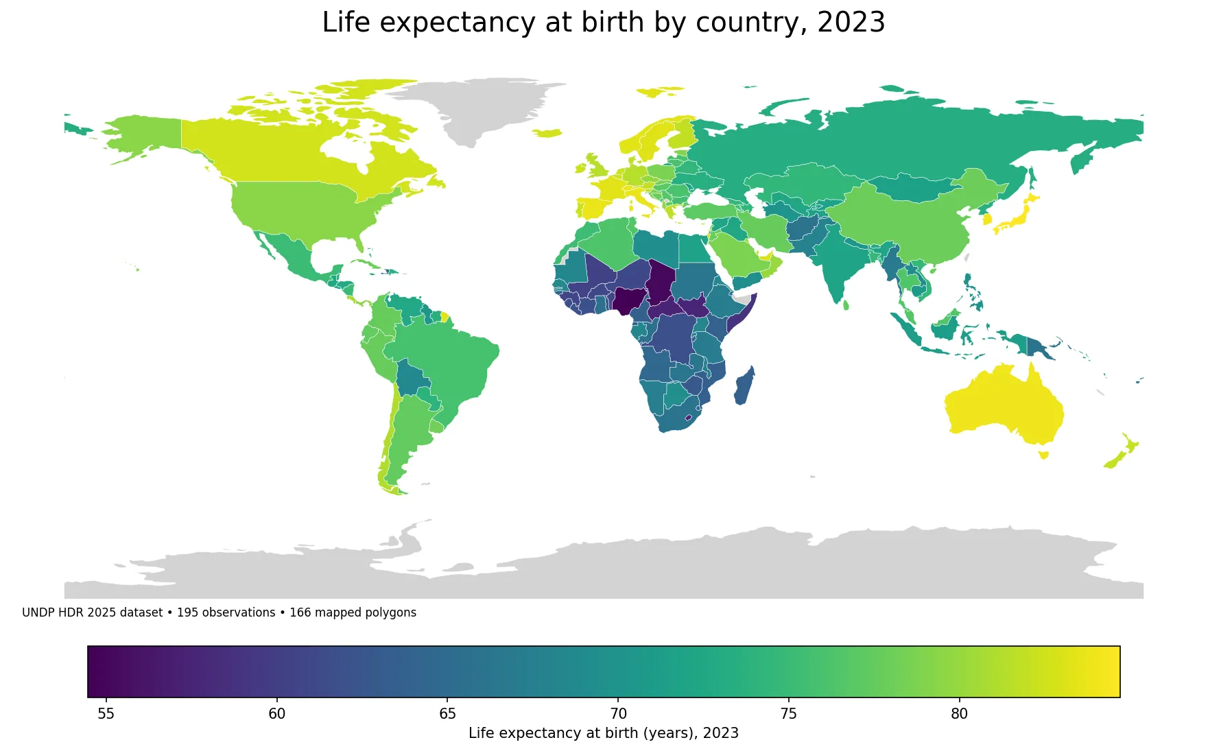 World map of life expectancy at birth by country in 2023