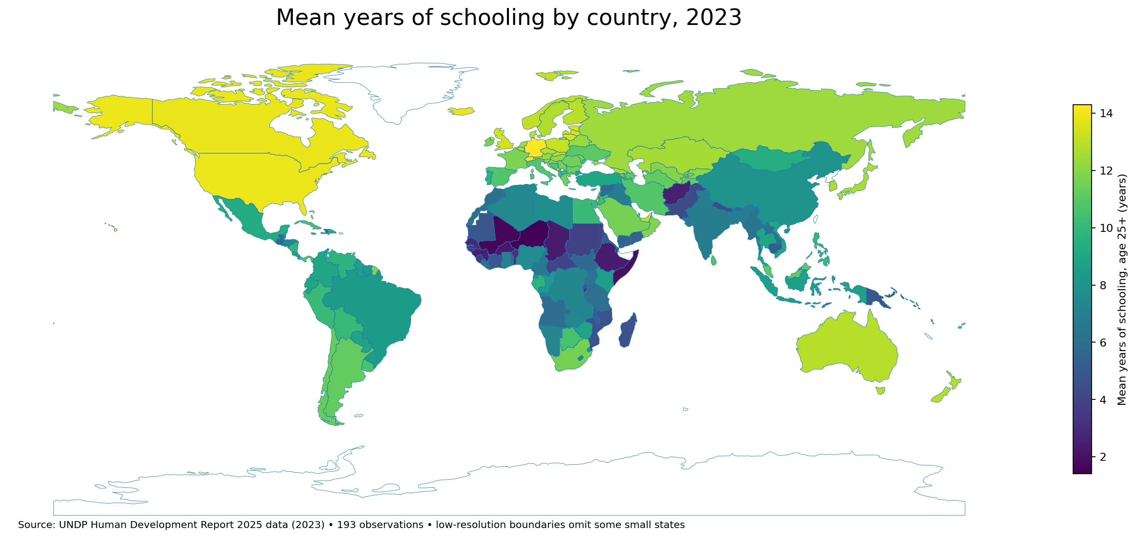 Mapa mundial de años medios de escolaridad de la población de 25 años o más en 2023