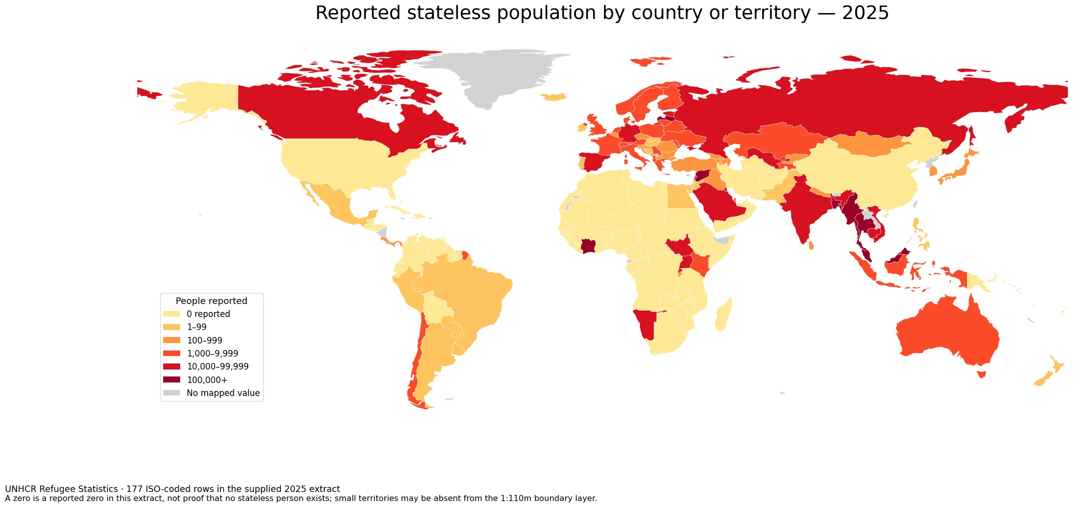 Mapa de la población apátrida registrada por país o territorio en 2025