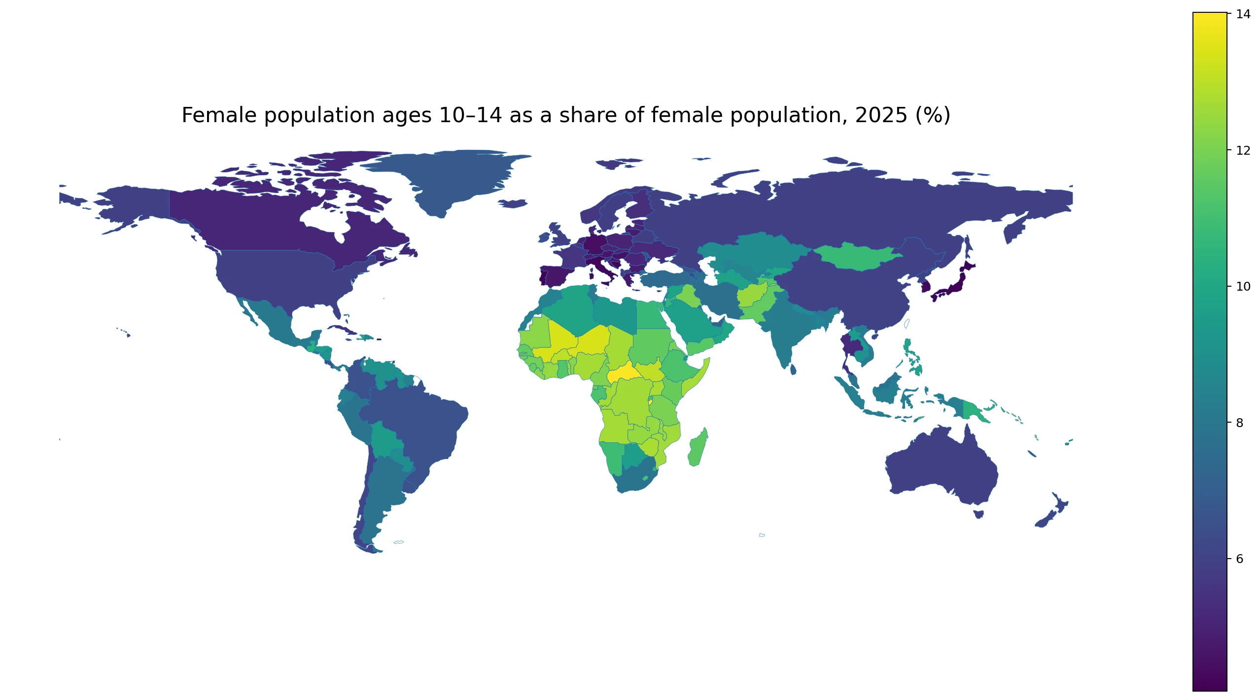 World map of females ages 10 to 14 as a share of female population in 2025