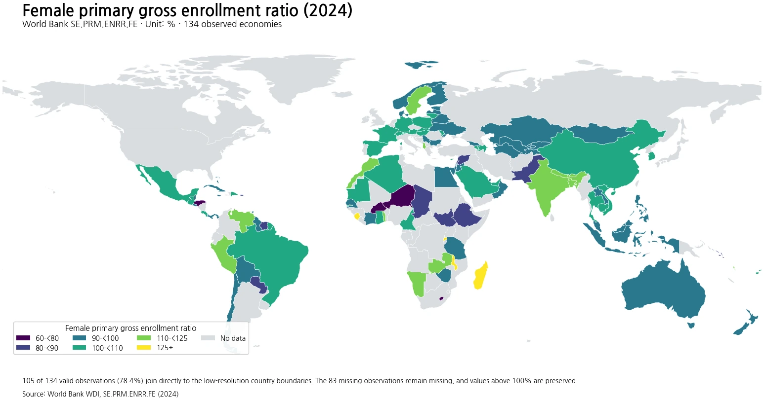 World map comparing female primary gross enrollment ratios by country and economy in 2024