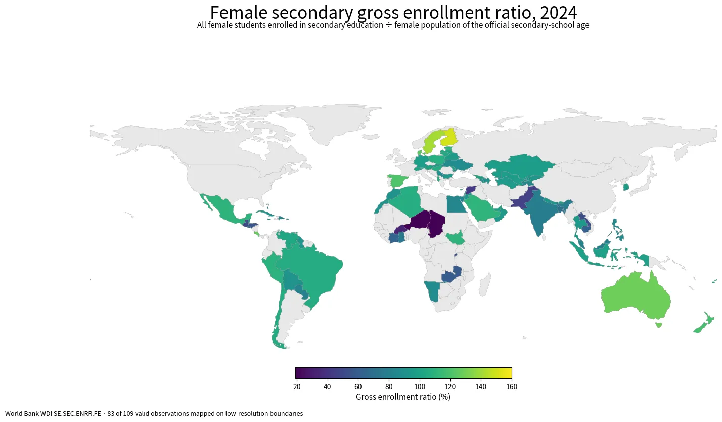 World map of the female secondary gross enrollment ratio by country and economy in 2024