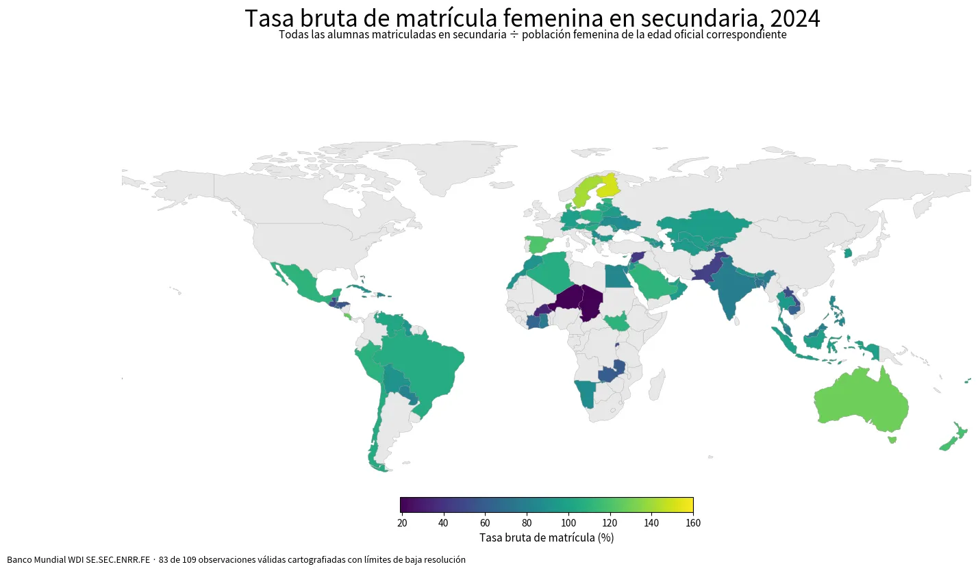 Mapa mundial de la tasa bruta de matrícula femenina en secundaria por país y economía en 2024
