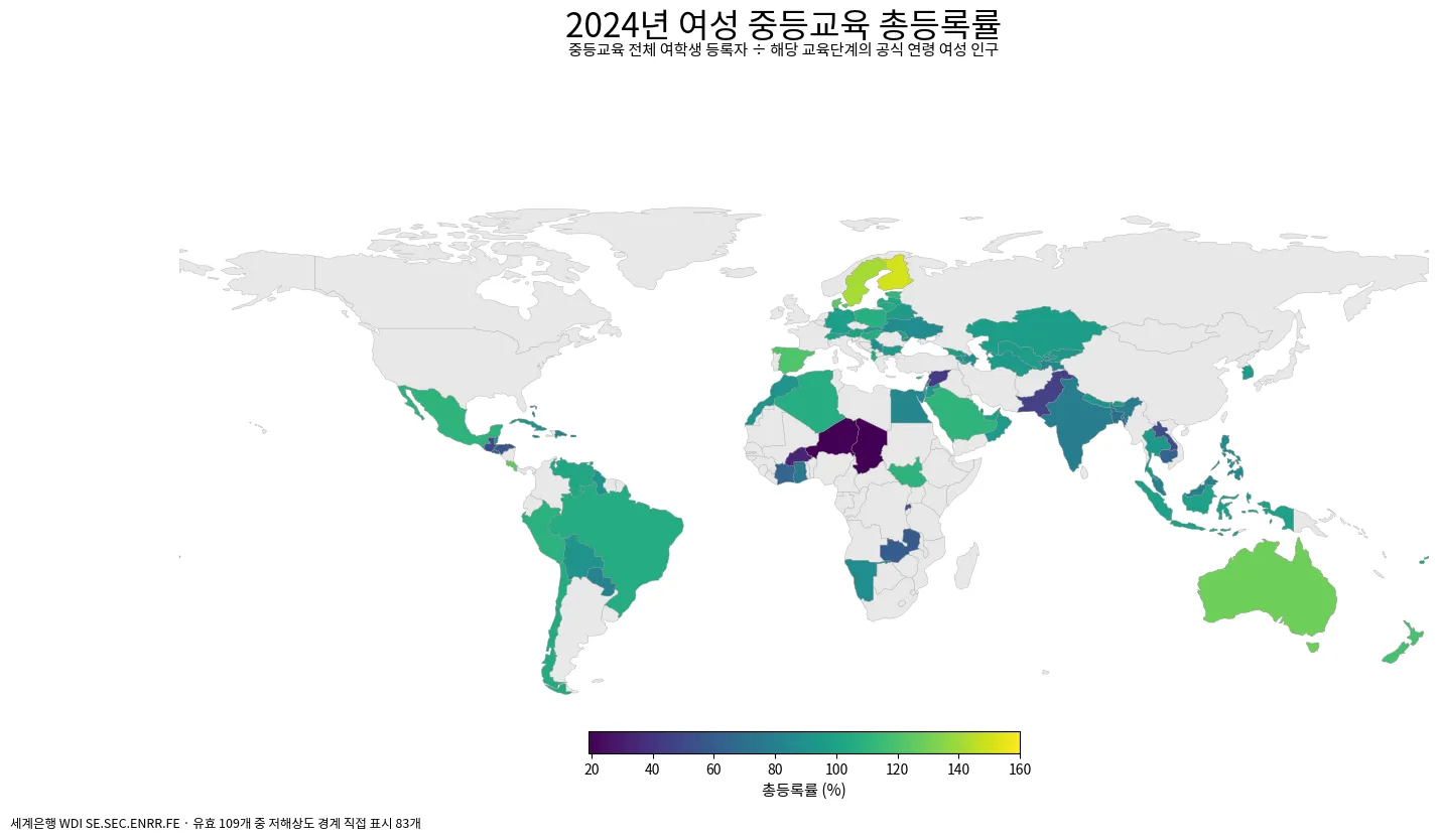 2024년 국가·지역별 여성 중등교육 총등록률 세계 지도