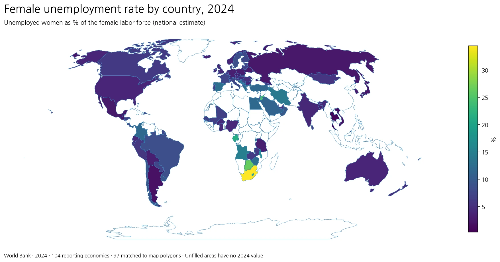 Female unemployment rate by country in 2024