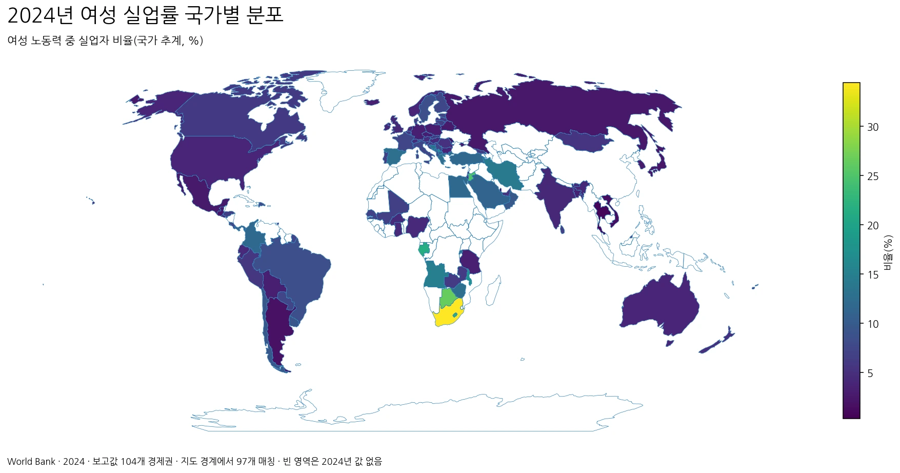 2024년 여성 실업률 국가별 분포 지도