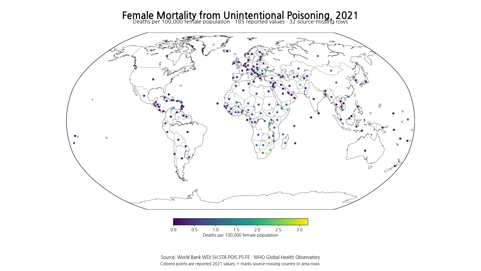 World map of female mortality attributed to unintentional poisoning in 2021