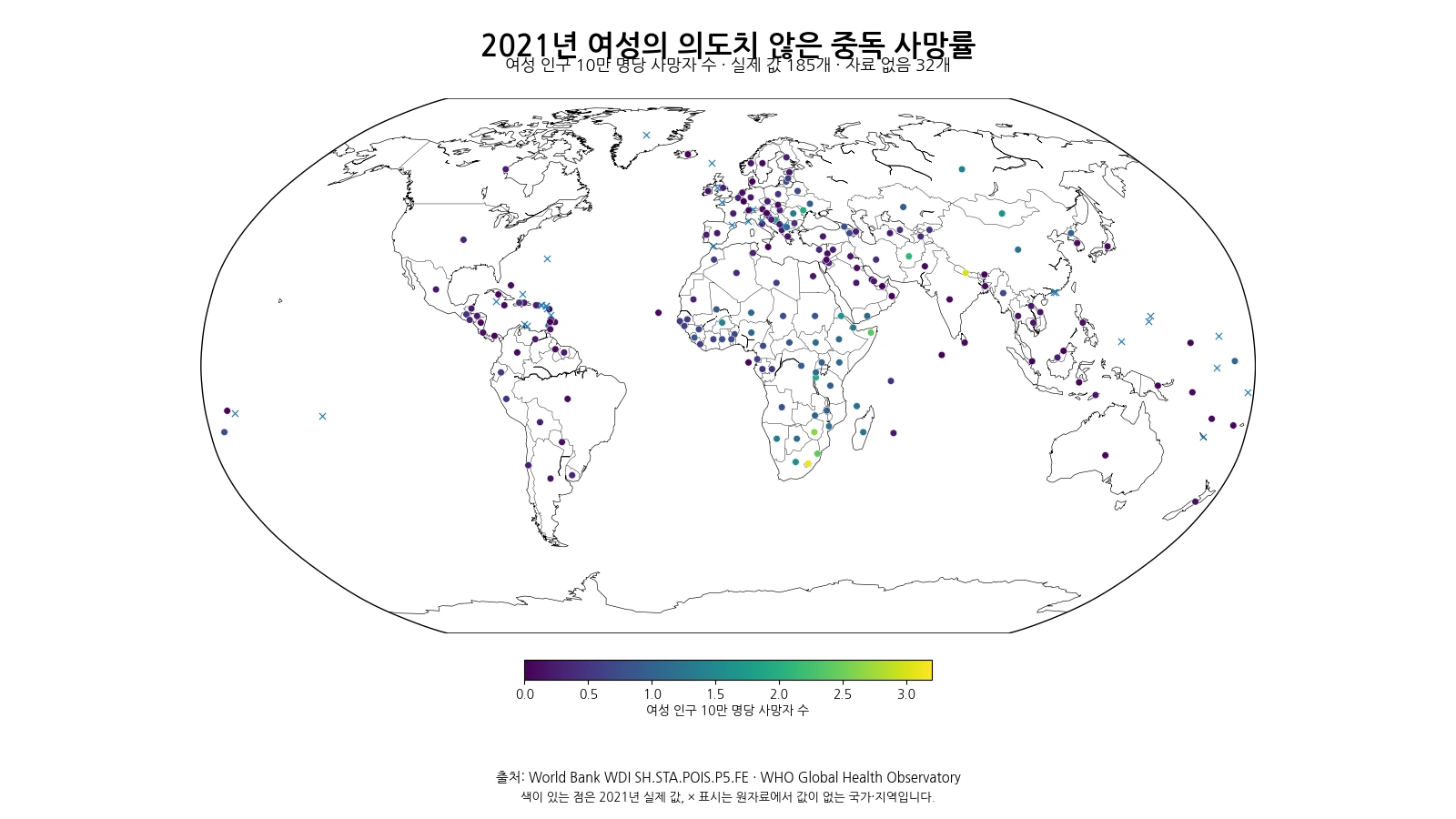 여성의 의도치 않은 중독 사망률은 국가마다 얼마나 다를까? (2021년)