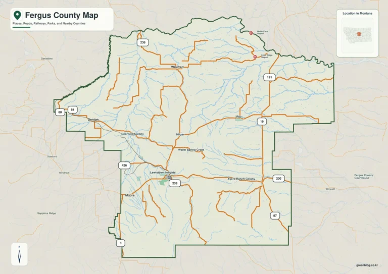 몬태나주 퍼거스 카운티(Fergus County) 지도 – Lewistown 분지와 Crystal Lake 고산지