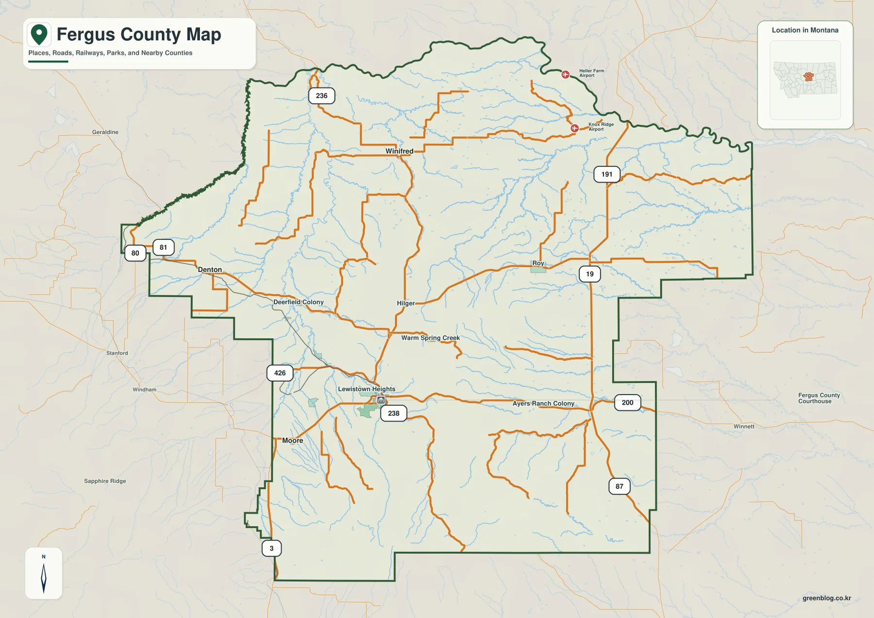 Lewistown, Winifred, Denton, Moore, Roy와 주요 도로를 표시한 Fergus County 지도
