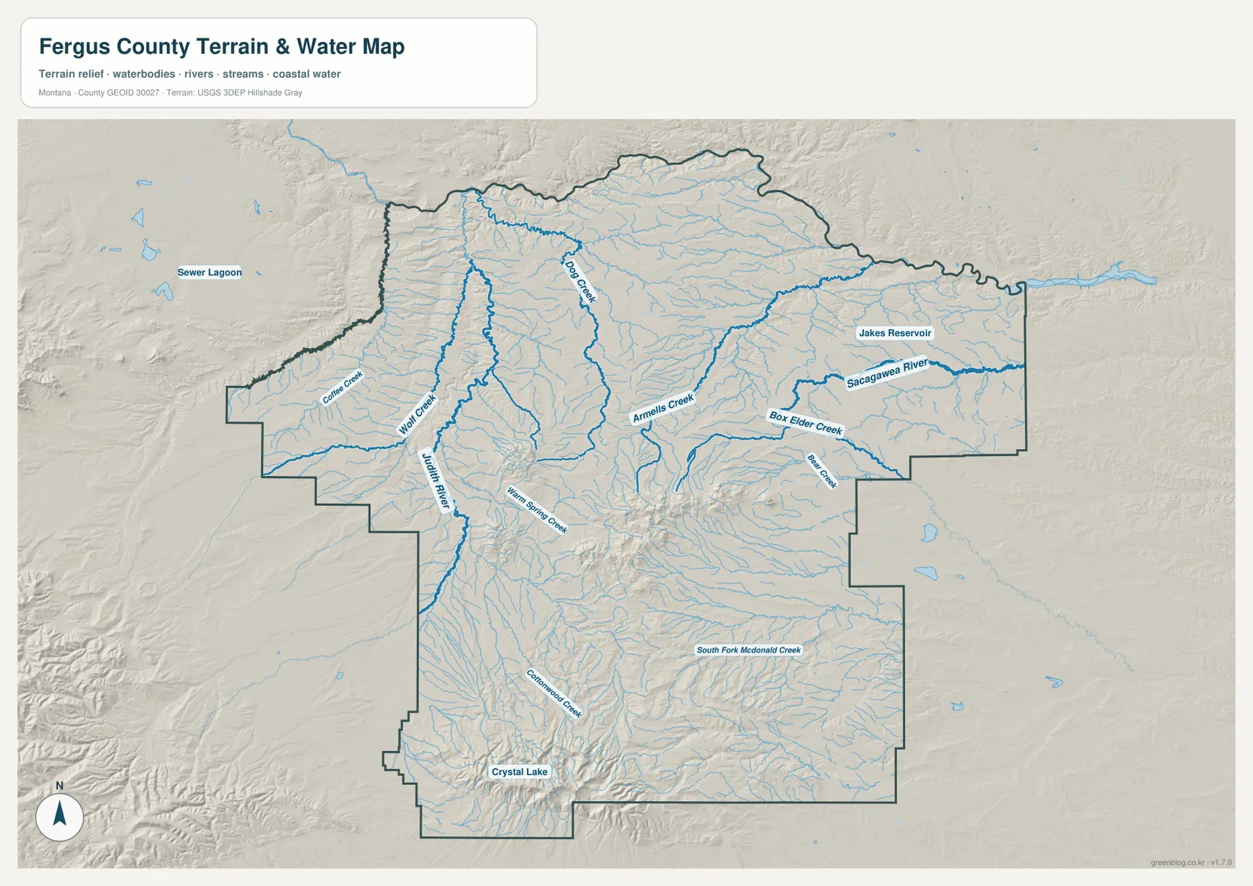 Judith River, Warm Spring Creek, Dog Creek, Box Elder Creek와 Crystal Lake를 표시한 Fergus County 수역 지형 지도