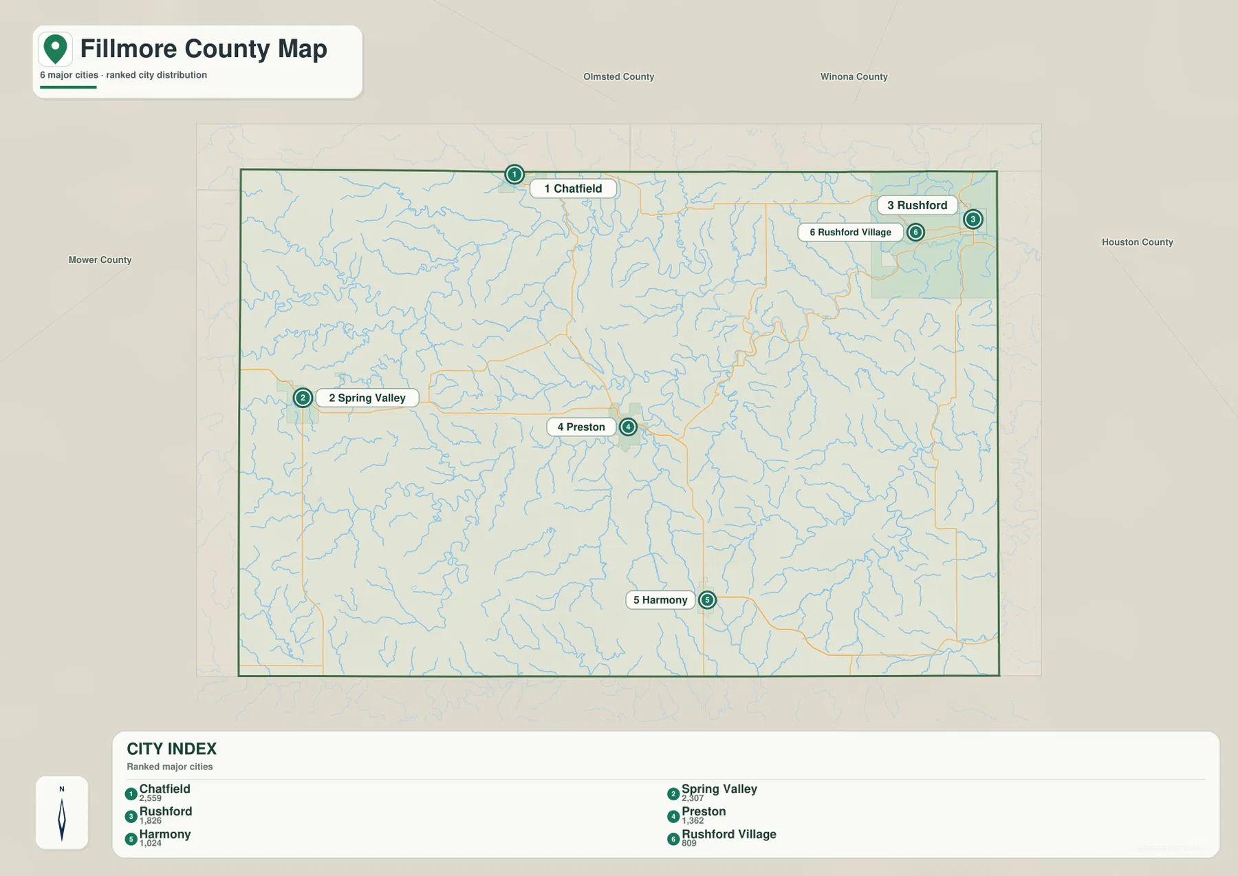 Fillmore County city map locating Chatfield, Spring Valley, Rushford, Preston, Harmony and Rushford Village