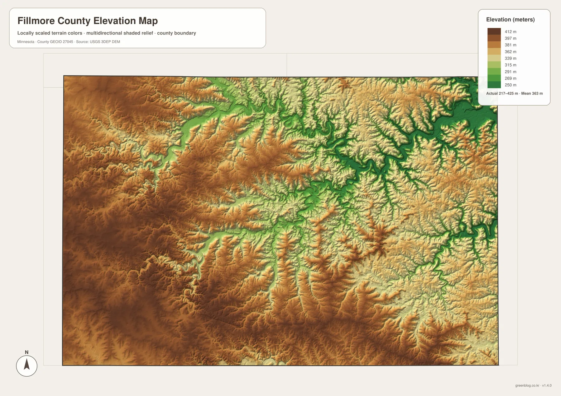 Fillmore County Minnesota elevation map showing roughly 217 to 425 meters of relief
