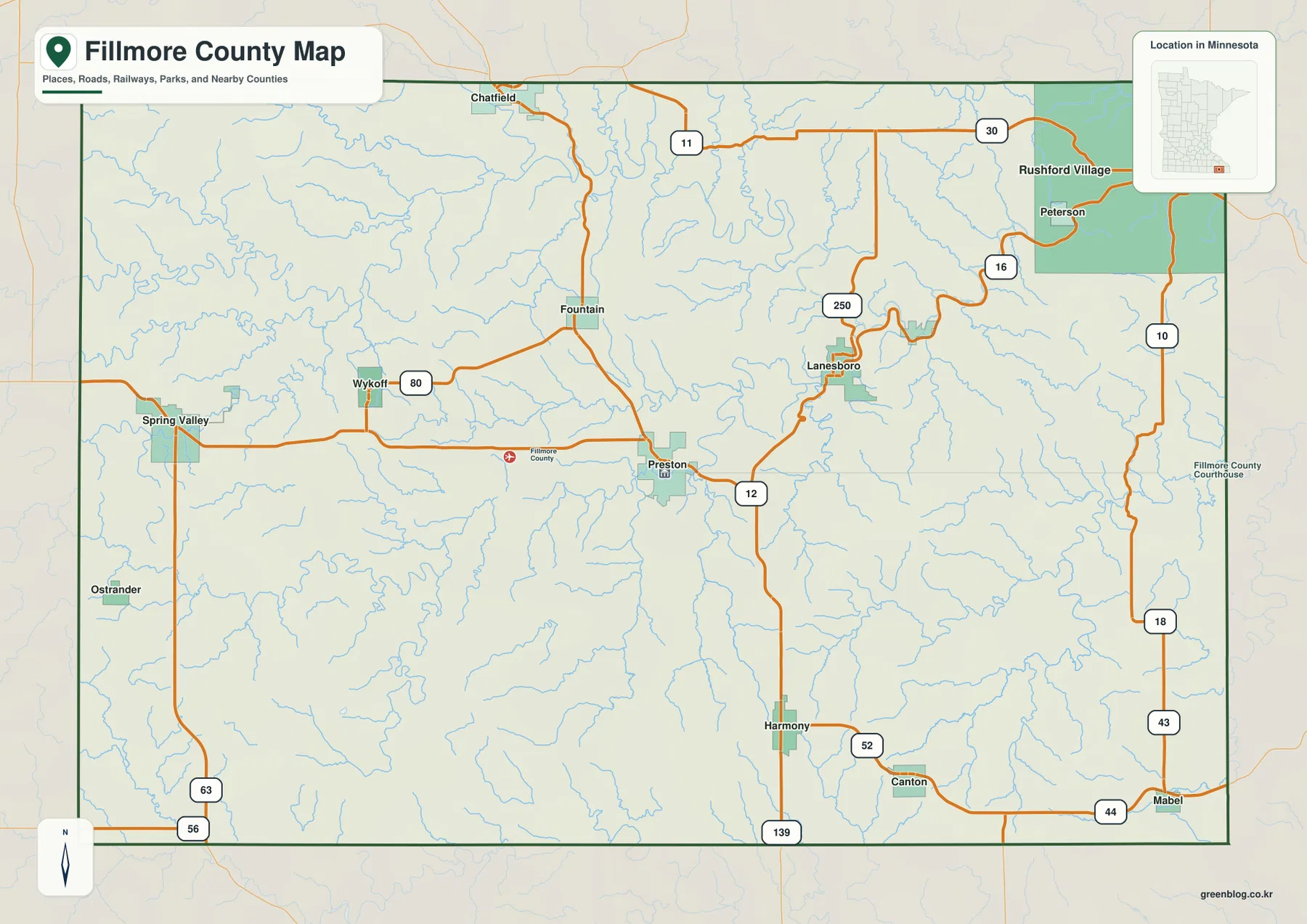 Fillmore County Minnesota map showing Preston, Spring Valley, Chatfield, Rushford and major numbered roads