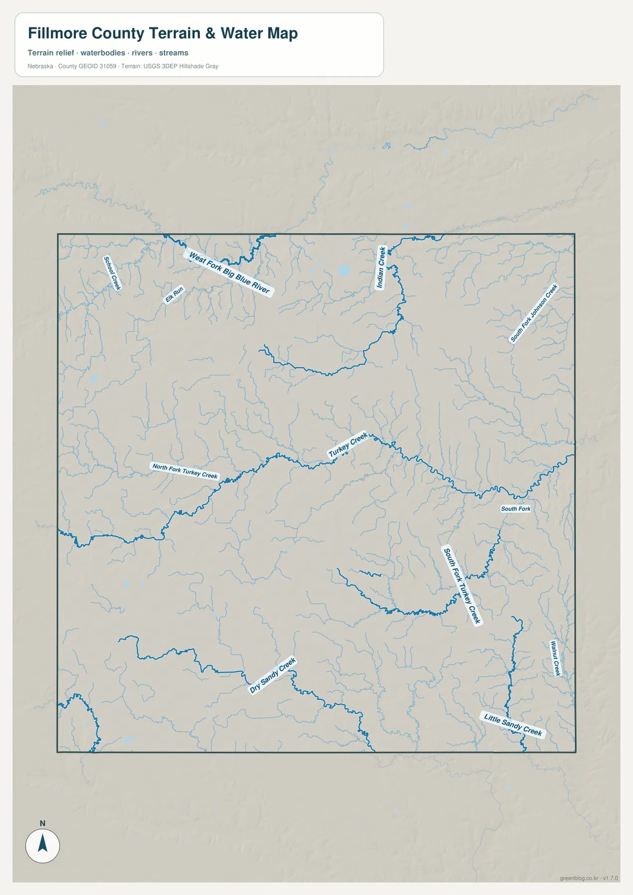 Turkey Creek, North Fork Turkey Creek, South Fork Turkey Creek, West Fork Big Blue River, Midland Creek, Dry Sandy Creek와 지류를 보여 주는 Fillmore County 수역 지도
