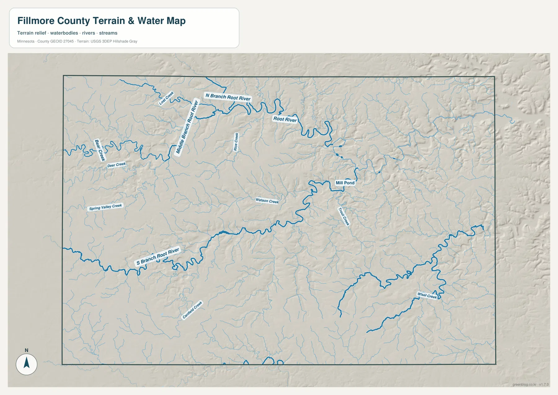 Fillmore County water map showing the Root River, its north, middle and south branches, and named creeks