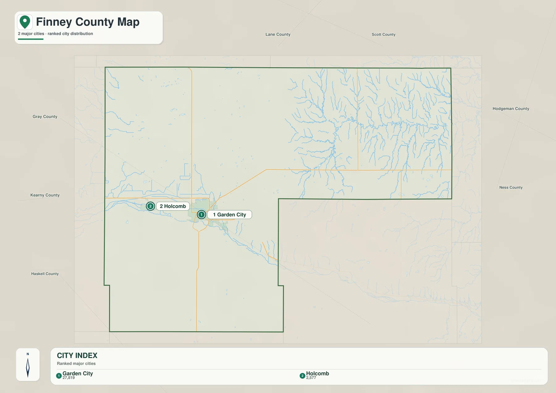 Finney County city map showing Garden City and Holcomb and their relative positions within the county