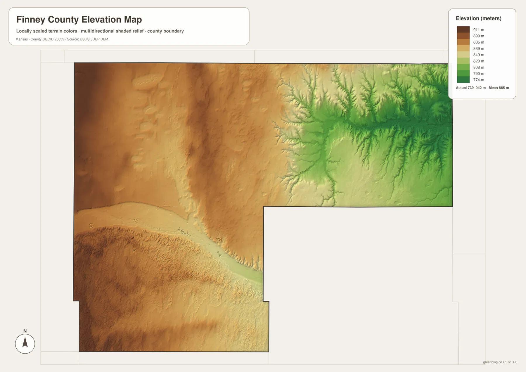 Finney County elevation map showing the 739–942 meter range, higher western and southwestern High Plains, and lower northeastern Pawnee River valleys