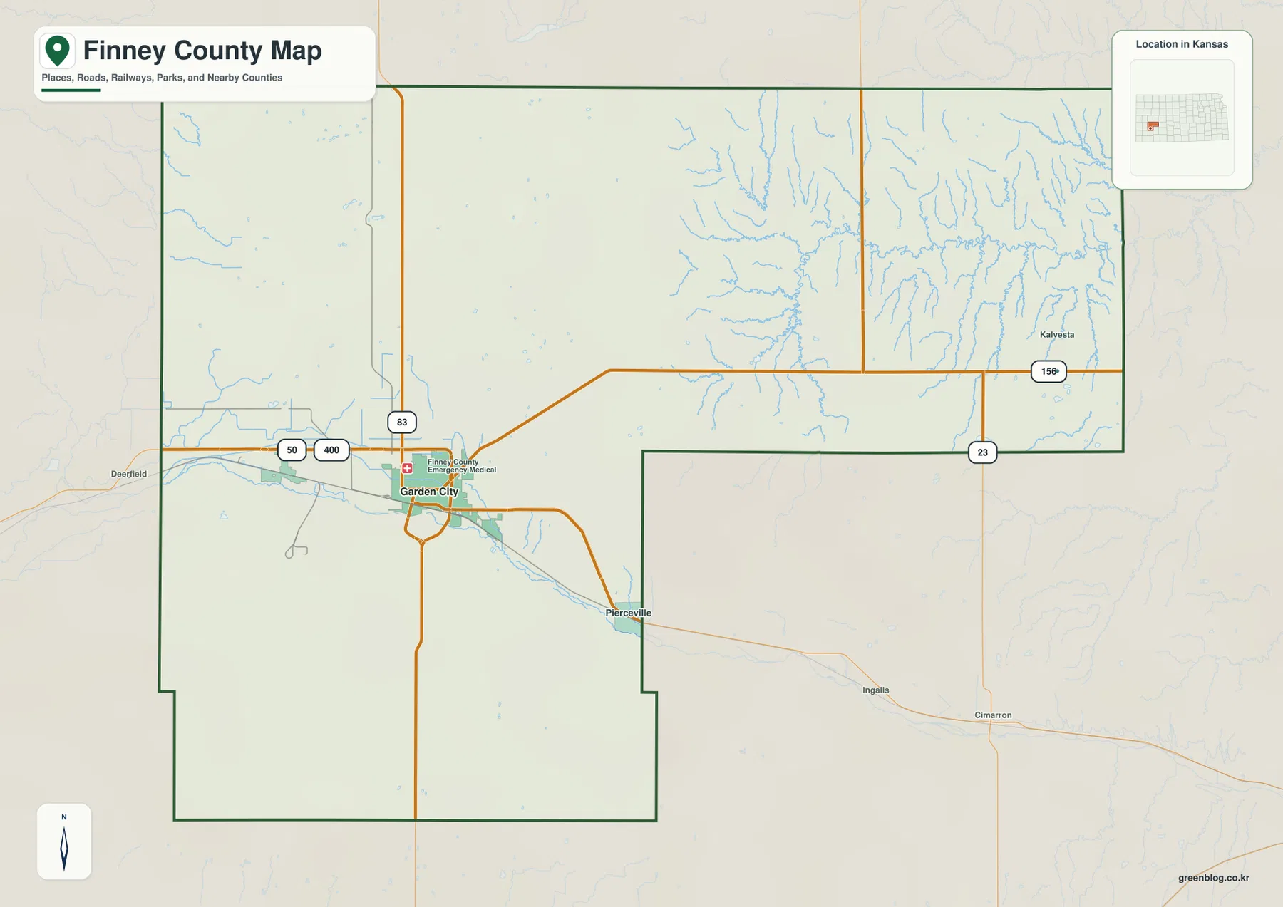 Finney County Kansas general map showing Garden City, Holcomb, U.S. 50, U.S. 83, U.S. 400, K-156, K-23, and surrounding roads