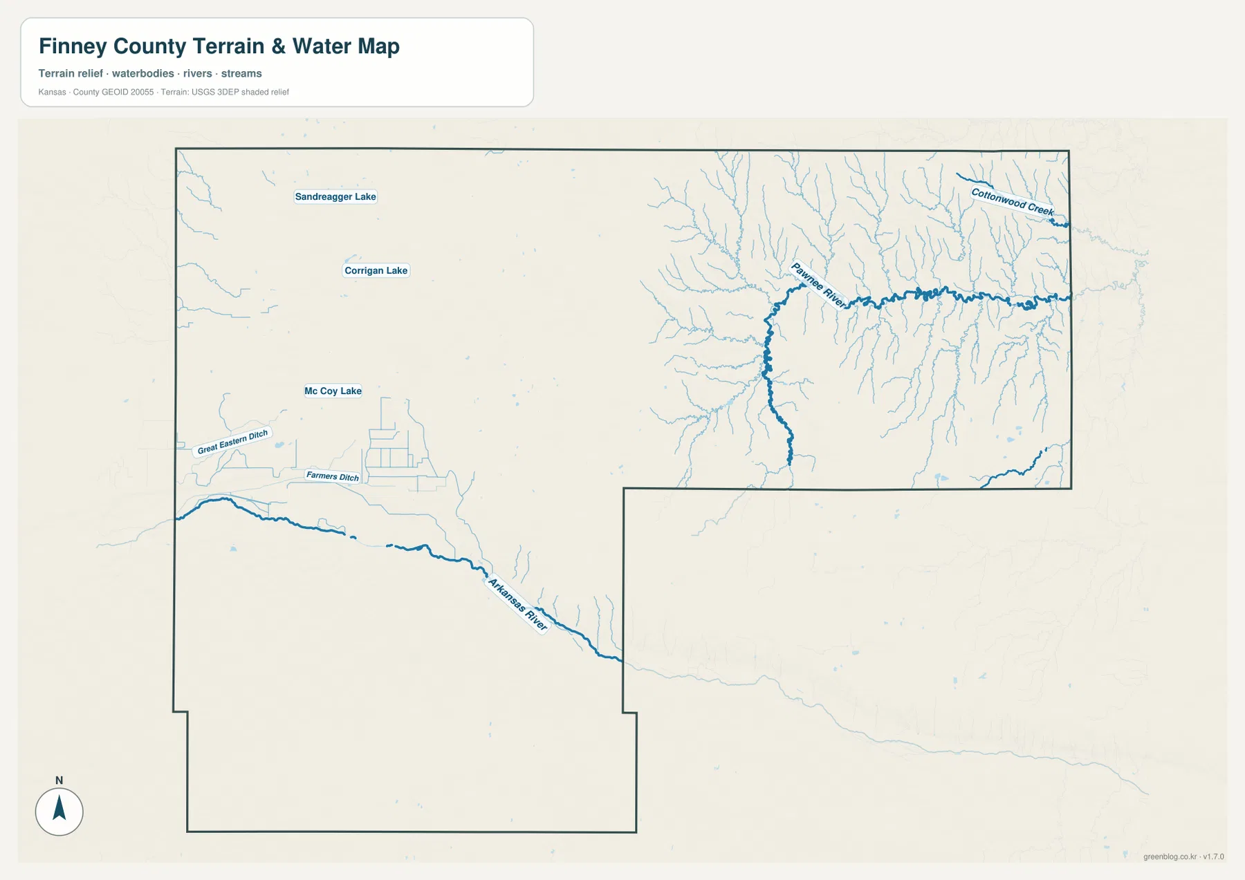 Finney County terrain and water map showing Arkansas River, Pawnee River, Cottonwood Creek, Great Eastern Ditch, Farmers Ditch, and local lakes