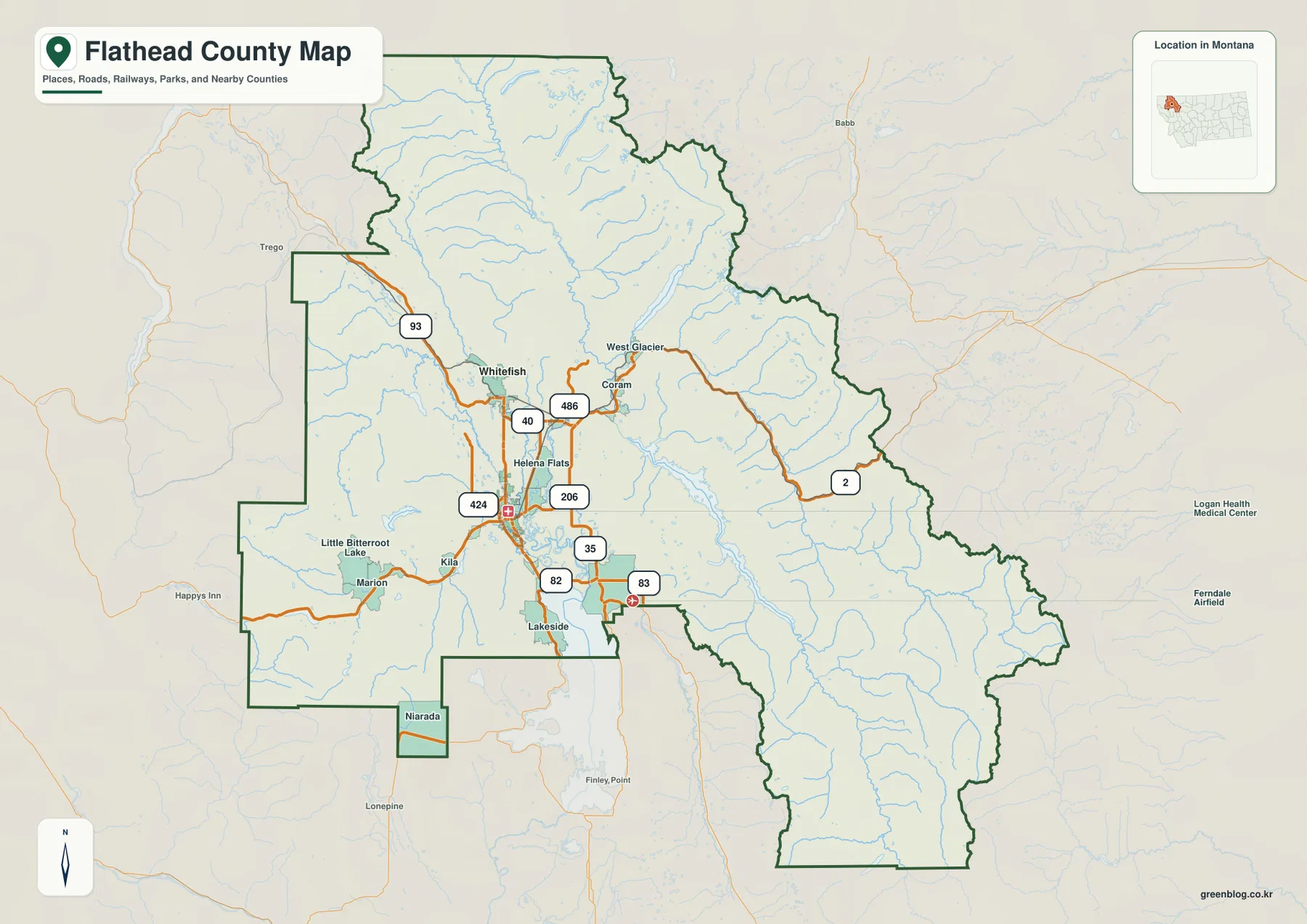 Kalispell, Whitefish, Columbia Falls, West Glacier와 주요 도로를 표시한 Flathead County 지도