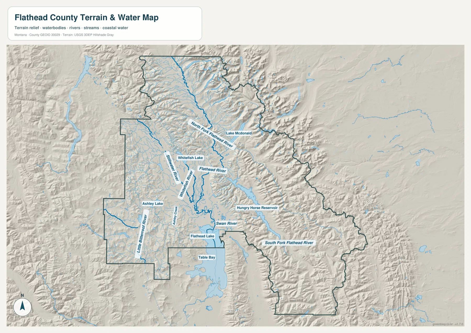 Flathead River, North Fork Flathead River, Whitefish Lake, Lake McDonald와 Hungry Horse Reservoir를 표시한 Flathead County 수역 지형 지도