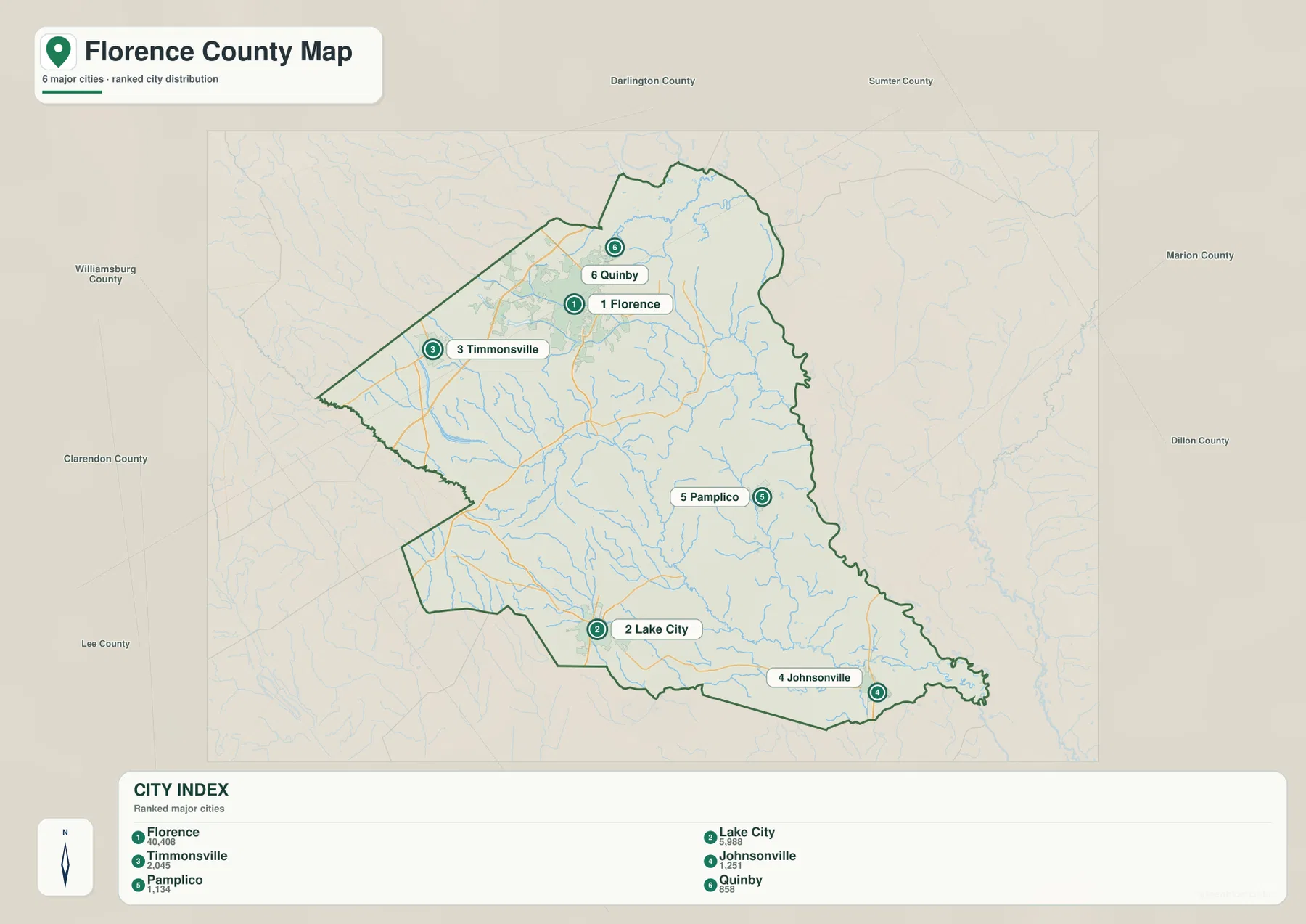 Florence County city map showing Florence, Lake City, Timmonsville, Johnsonville, Pamplico, and Quinby