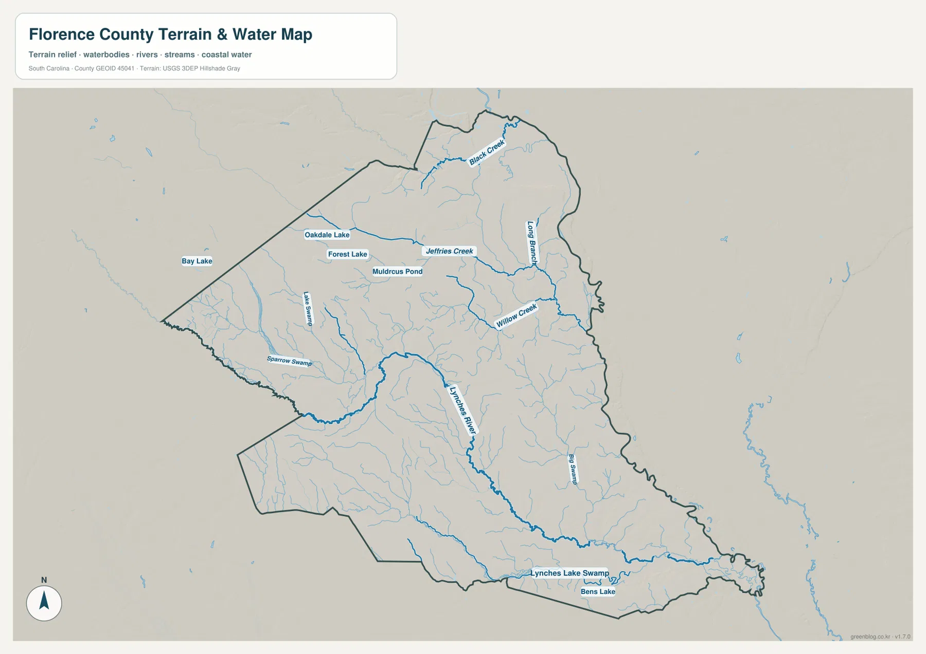 Florence County terrain and water map showing Lynches River, Black Creek, Jeffries Creek, Willow Creek, lakes, ponds, and swamps