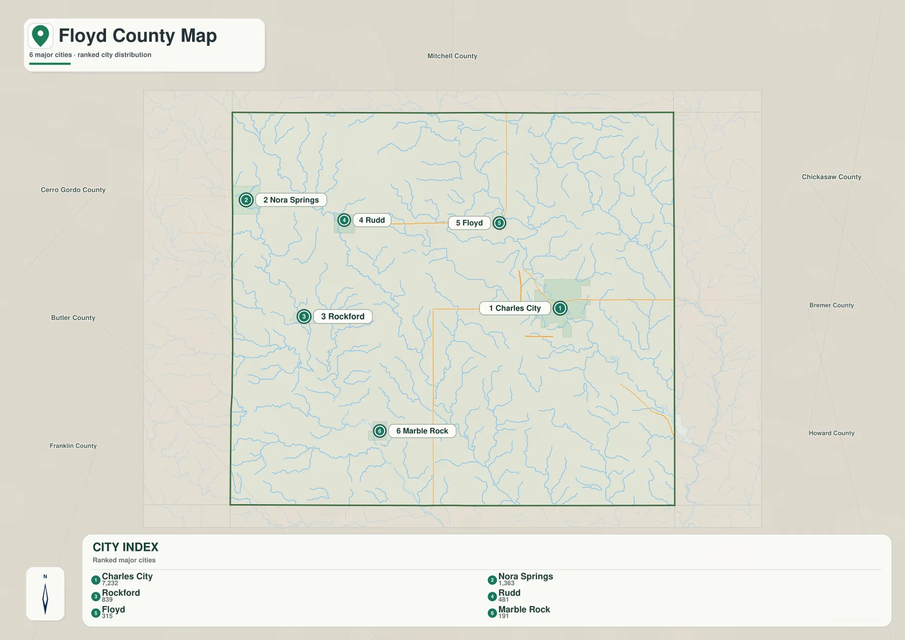 Floyd County Iowa Charles City Nora Springs Rockford Rudd Floyd Marble Rock 도시 지도