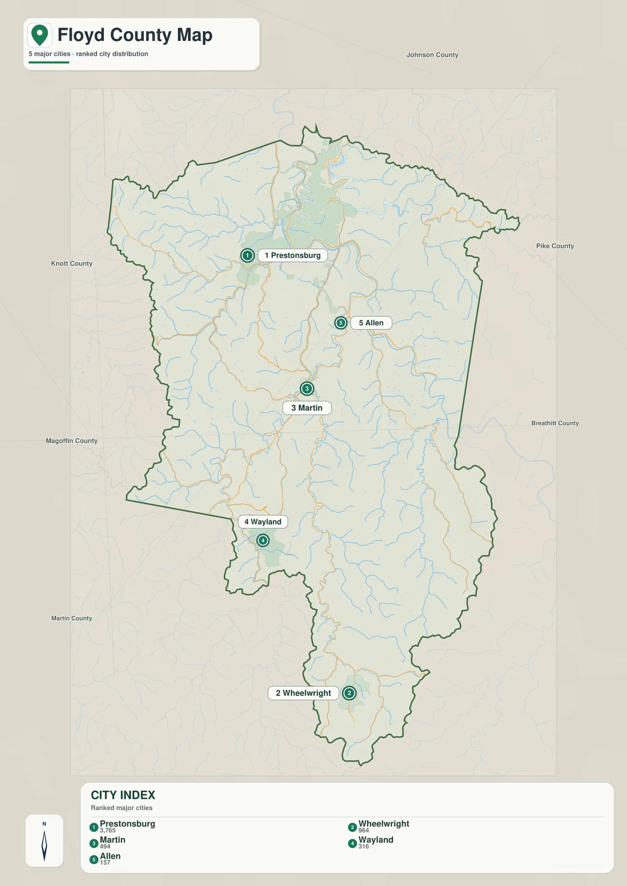 Prestonsburg, Wheelwright, Martin, Wayland, Allen을 순위로 표시한 플로이드 카운티 도시 지도