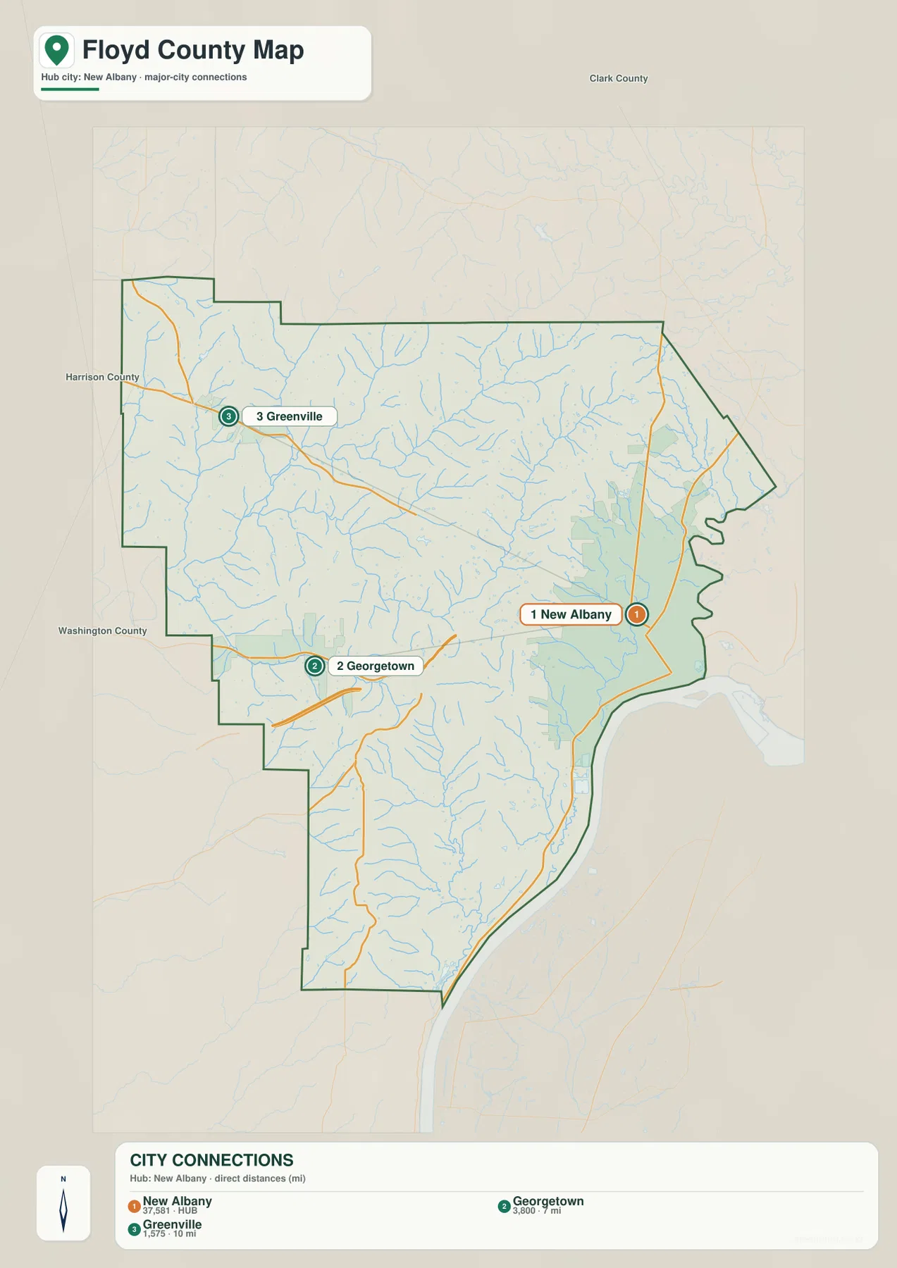 Floyd County의 New Albany, Georgetown, Greenville 위치와 직선 연결 거리를 보여 주는 도시 지도
