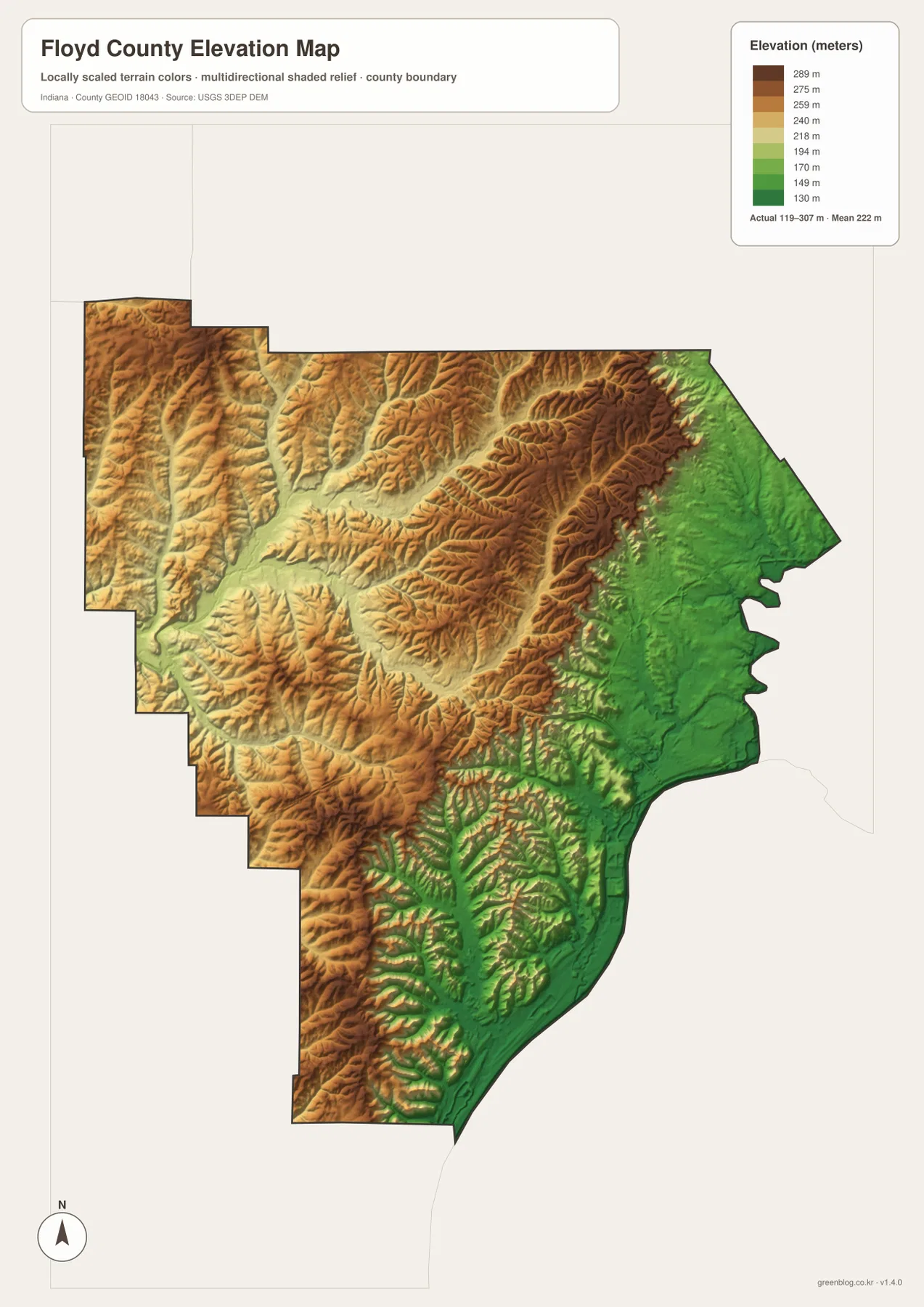 119~307m 범위의 Floyd County 고도 지도와 New Albany 동부 저지, 중앙·서부 구릉
