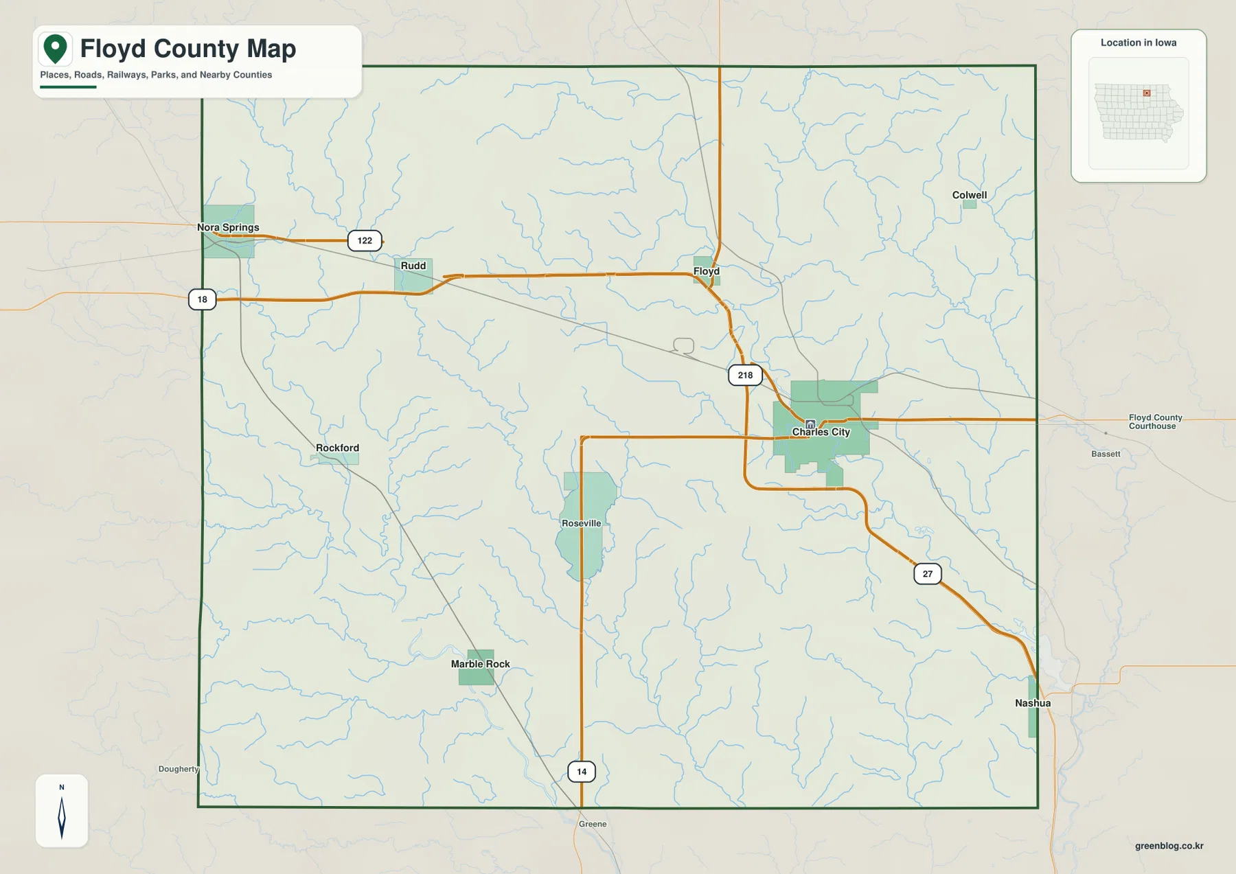 아이오와주 Floyd County Charles City U.S. 18 U.S. 218 카운티 지도