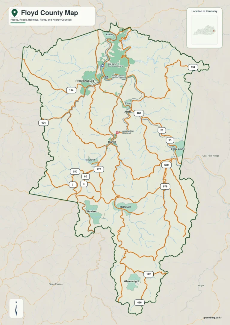 켄터키주 플로이드 카운티(Floyd County) 지도 – Prestonsburg·Dewey Lake와 깊은 산지 계곡