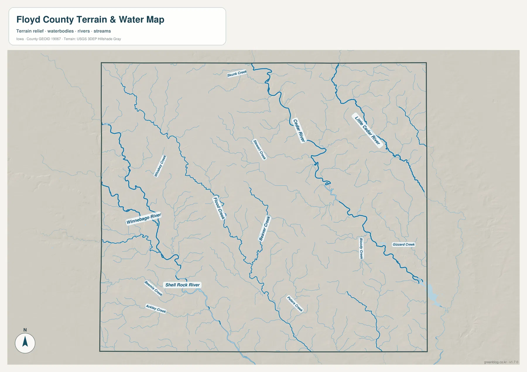 Floyd County Iowa Cedar River Little Cedar River Shell Rock River Winnebago River 수역 지도