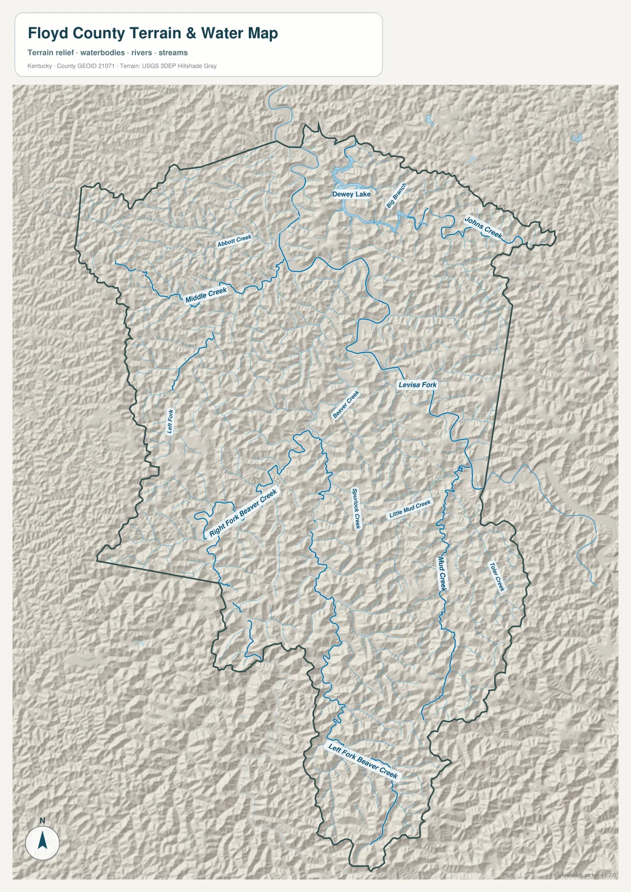 Dewey Lake, Levisa Fork, Middle Creek, Beaver Creek 지류와 산지 골짜기가 표시된 플로이드 카운티 수역 지형 지도