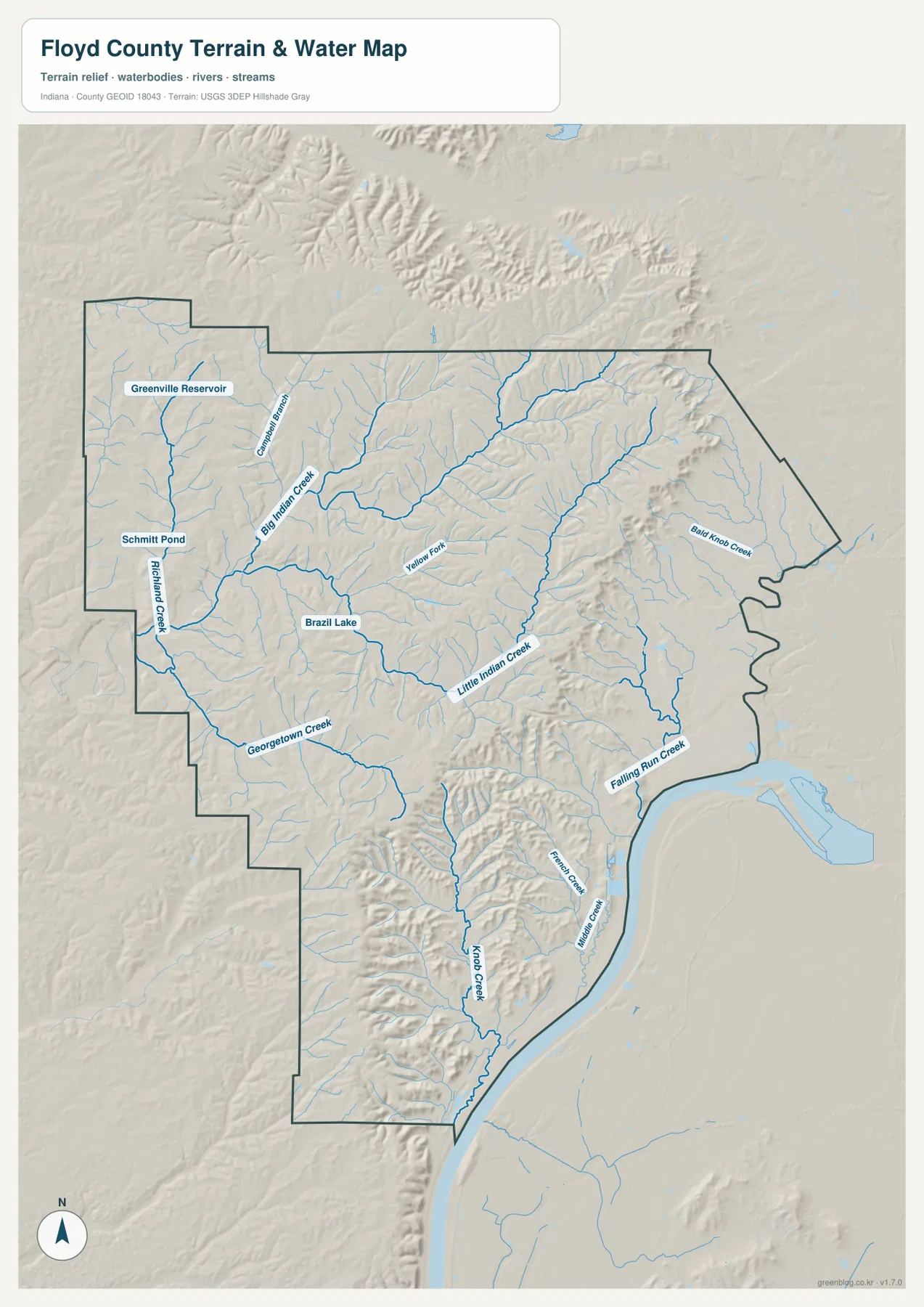 Floyd County의 Big Indian Creek, Little Indian Creek, Georgetown Creek, 호수와 구릉 지형을 표시한 수역 지도