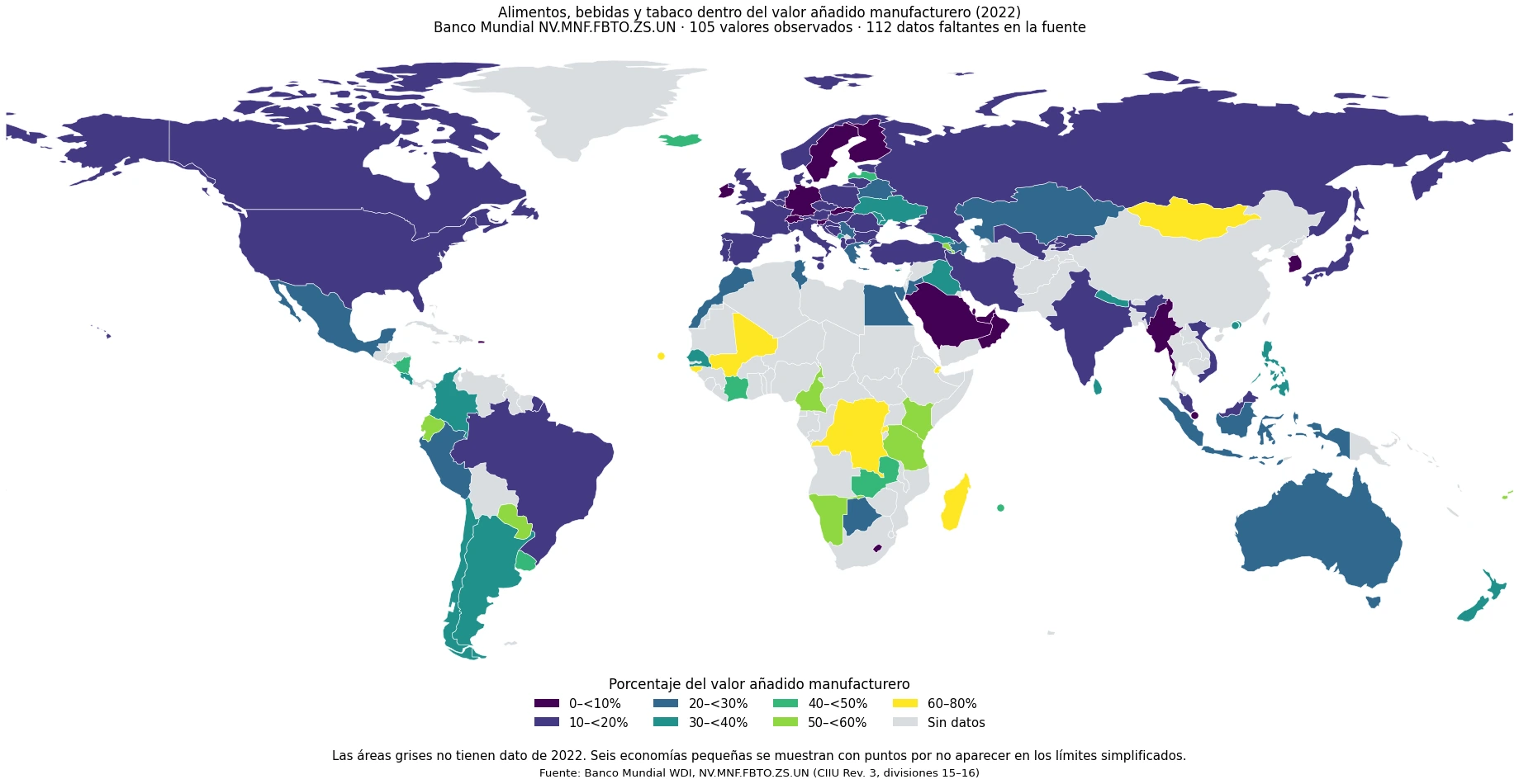Mapa mundial del peso de alimentos, bebidas y tabaco en el valor añadido manufacturero en 2022