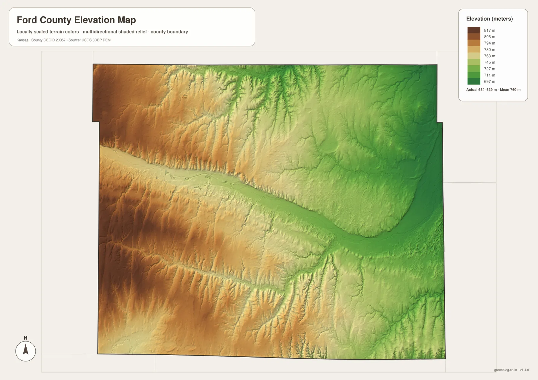 Ford County elevation map showing the 684–839 meter range, higher western High Plains, and lower Arkansas River and eastern creek valleys