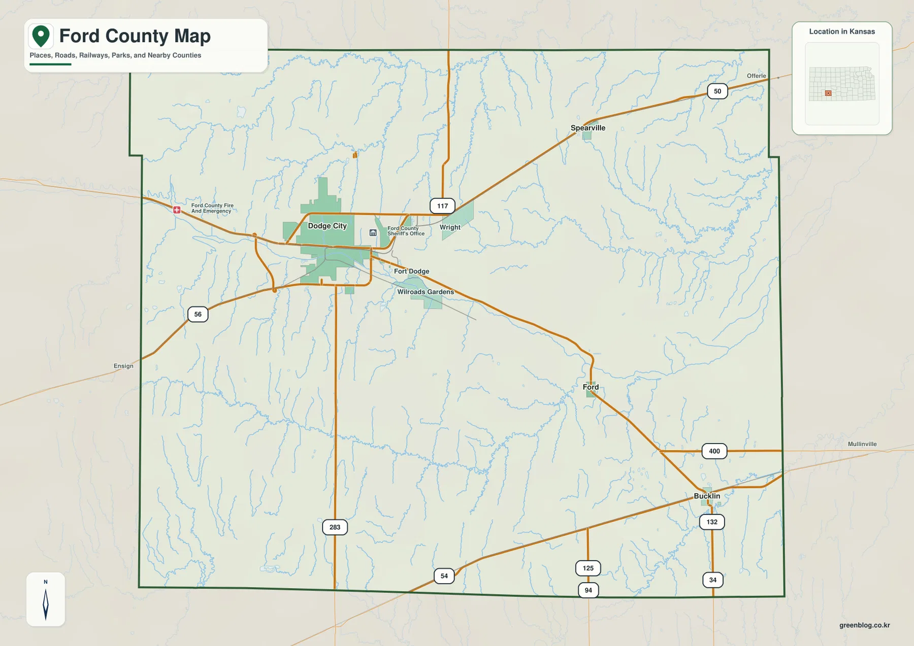 Ford County Kansas general map showing Dodge City, Spearville, Ford, Bucklin, U.S. 50, U.S. 56, U.S. 283, and major roads