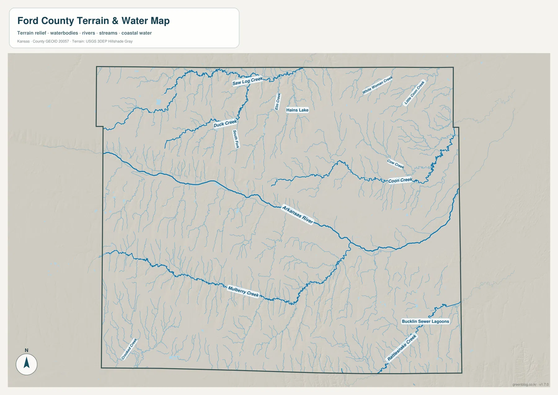 Ford County terrain and water map showing Arkansas River, Saw Log Creek, Duck Creek, Coon Creek, Cow Creek, Mulberry Creek, and major tributaries