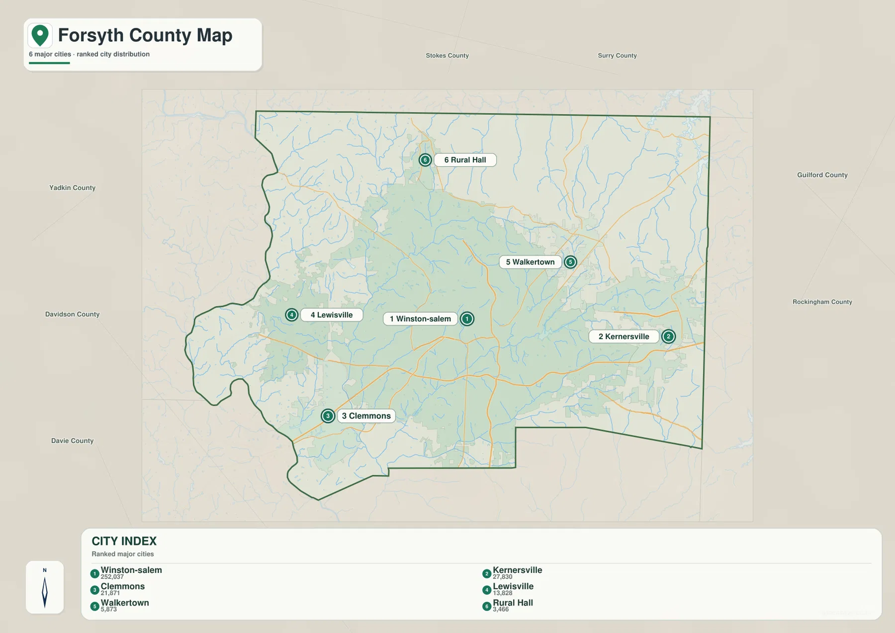 Forsyth County city map Winston-Salem Kernersville Clemmons Lewisville Walkertown Rural Hall