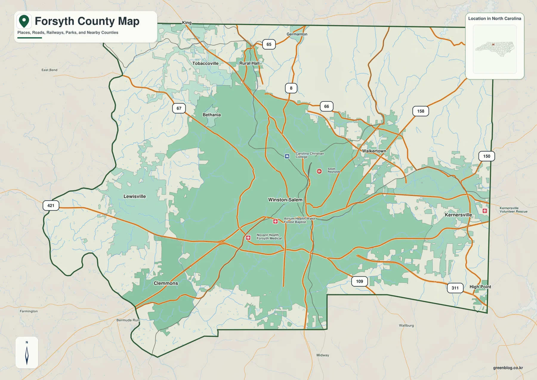 Forsyth County North Carolina map Winston-Salem Kernersville Clemmons Lewisville roads