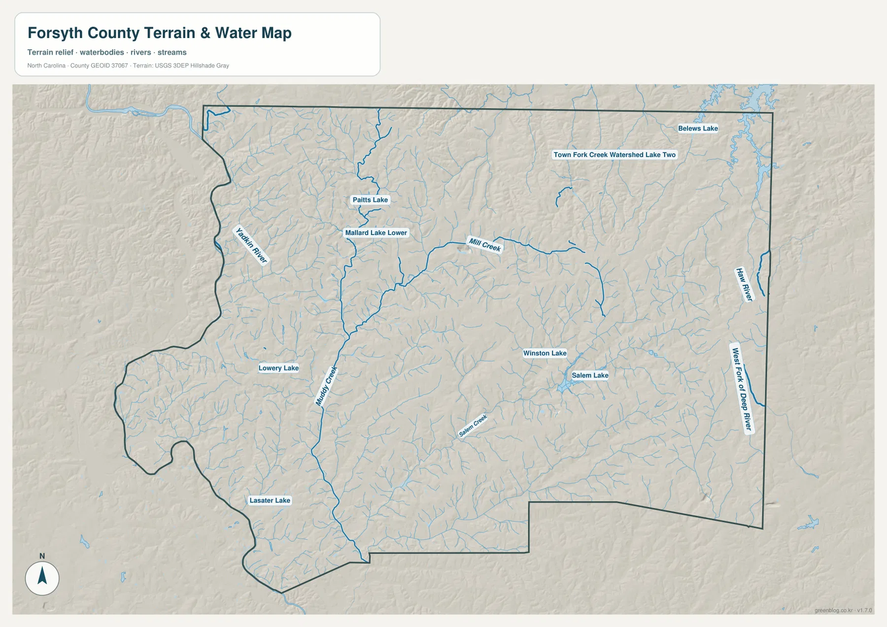 Forsyth County water terrain map Yadkin River Muddy Creek Salem Creek Salem Lake Winston Lake