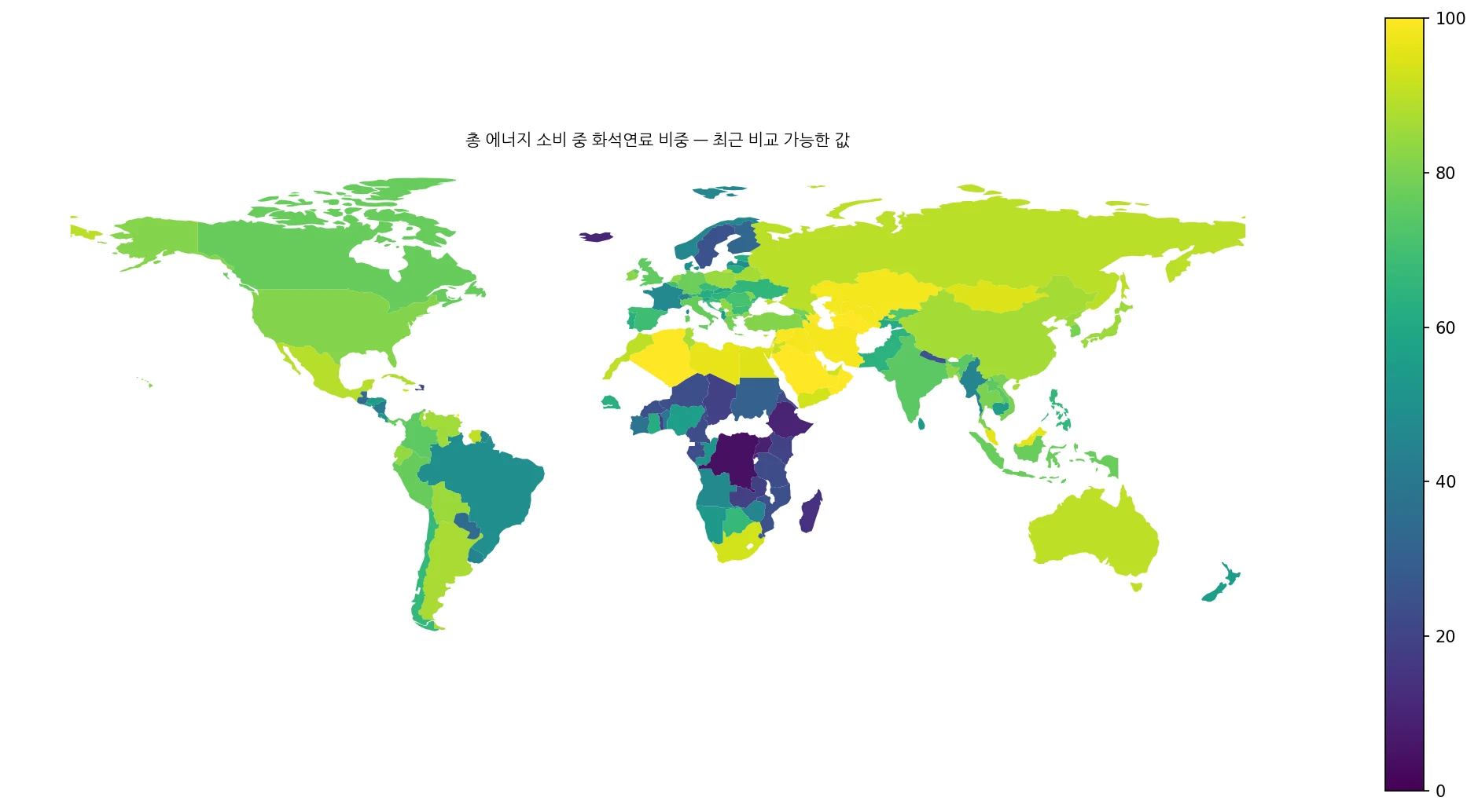 총 에너지 소비에서 화석연료가 차지하는 비중의 최근 비교 가능한 국가별 세계 지도