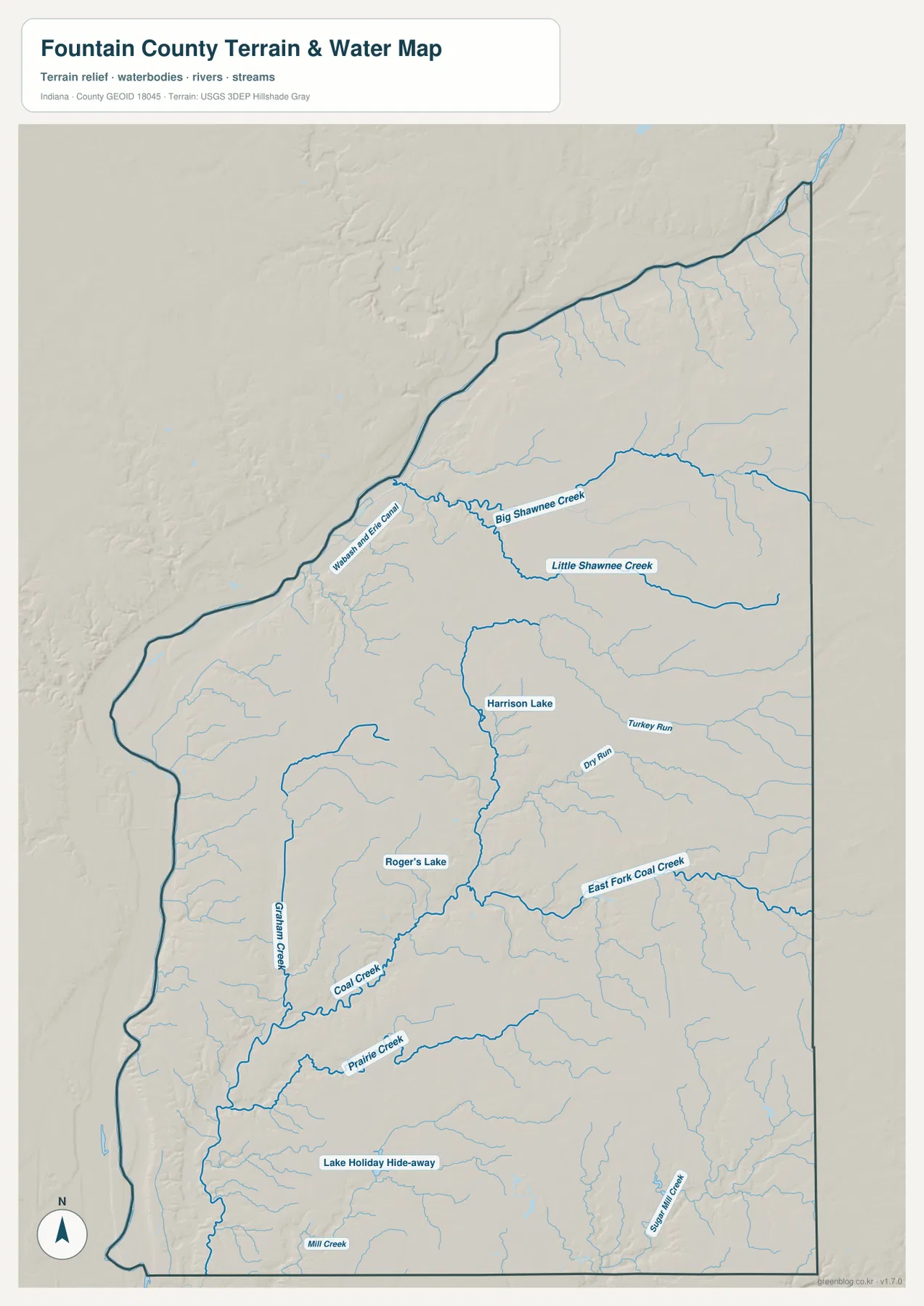 Fountain County 수역과 지형 지도에 Big Shawnee Creek, Little Shawnee Creek, Coal Creek, Prairie Creek, Harrison Lake가 표시된 모습