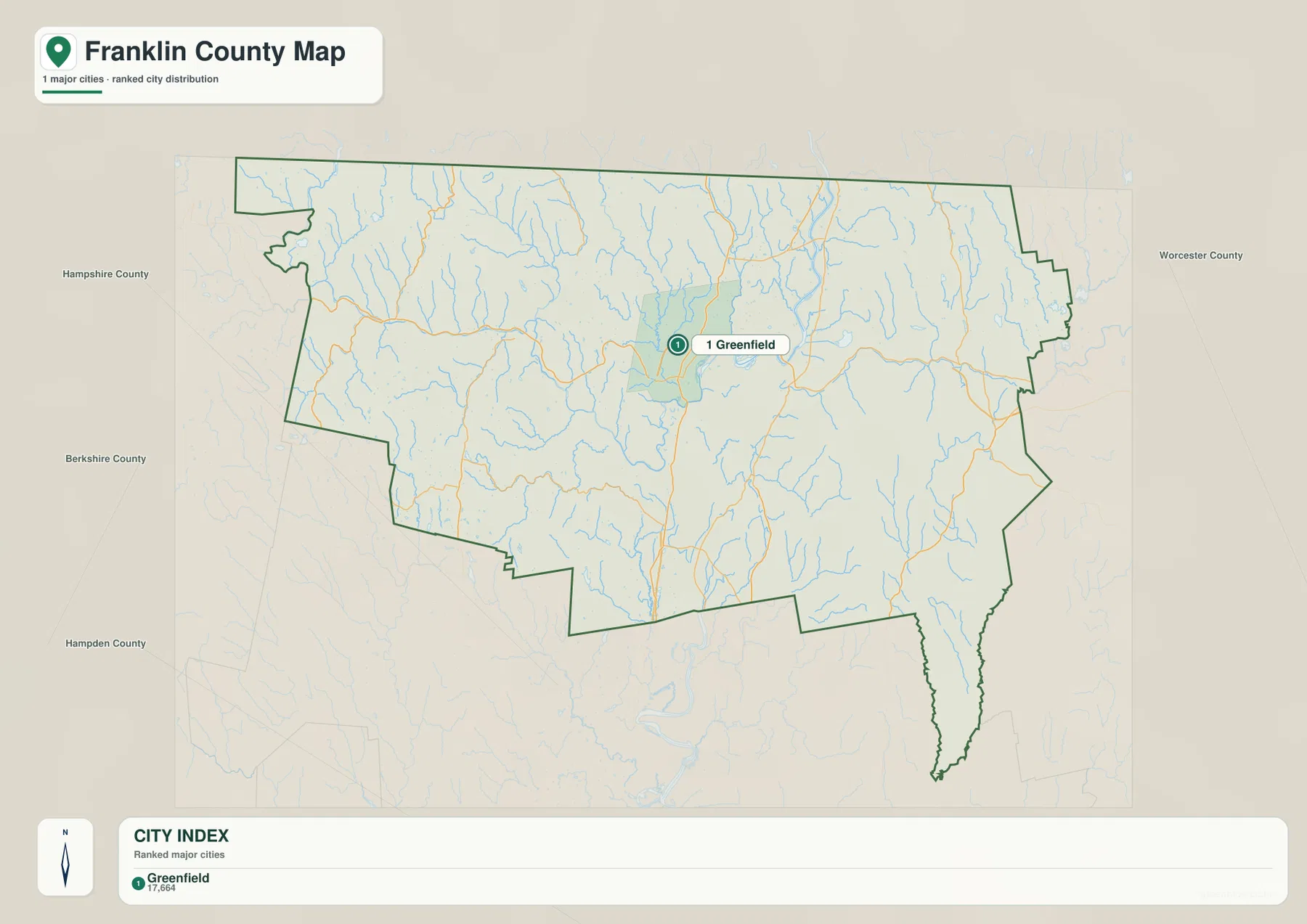 Franklin County Massachusetts city map highlighting Greenfield as the ranked major city